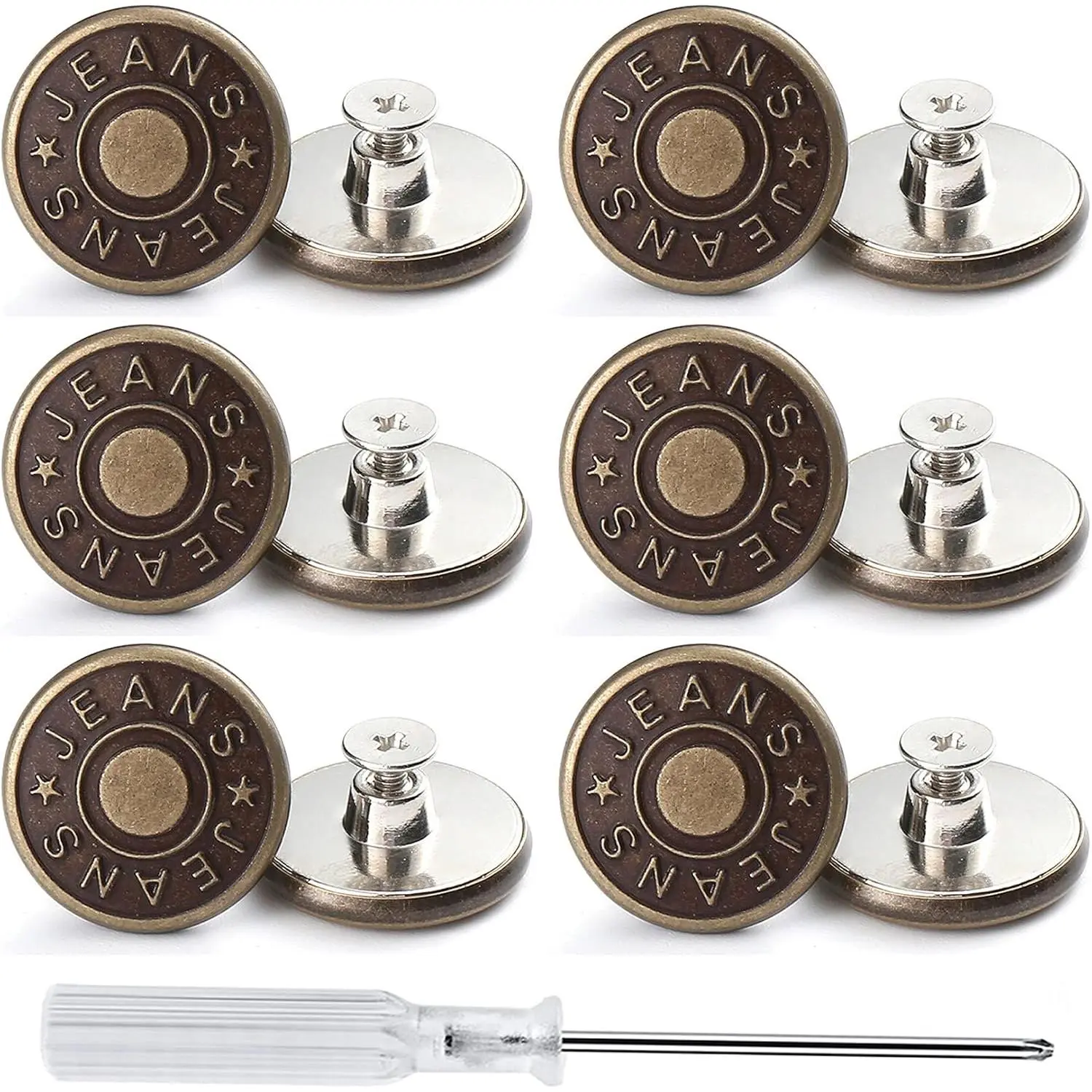 12 Sets Adjustable Buttons for Jeans, 20mm No Sew  Metal Buttons, Removable Jean Buttons  Repair Kit with Threads Rivets and
