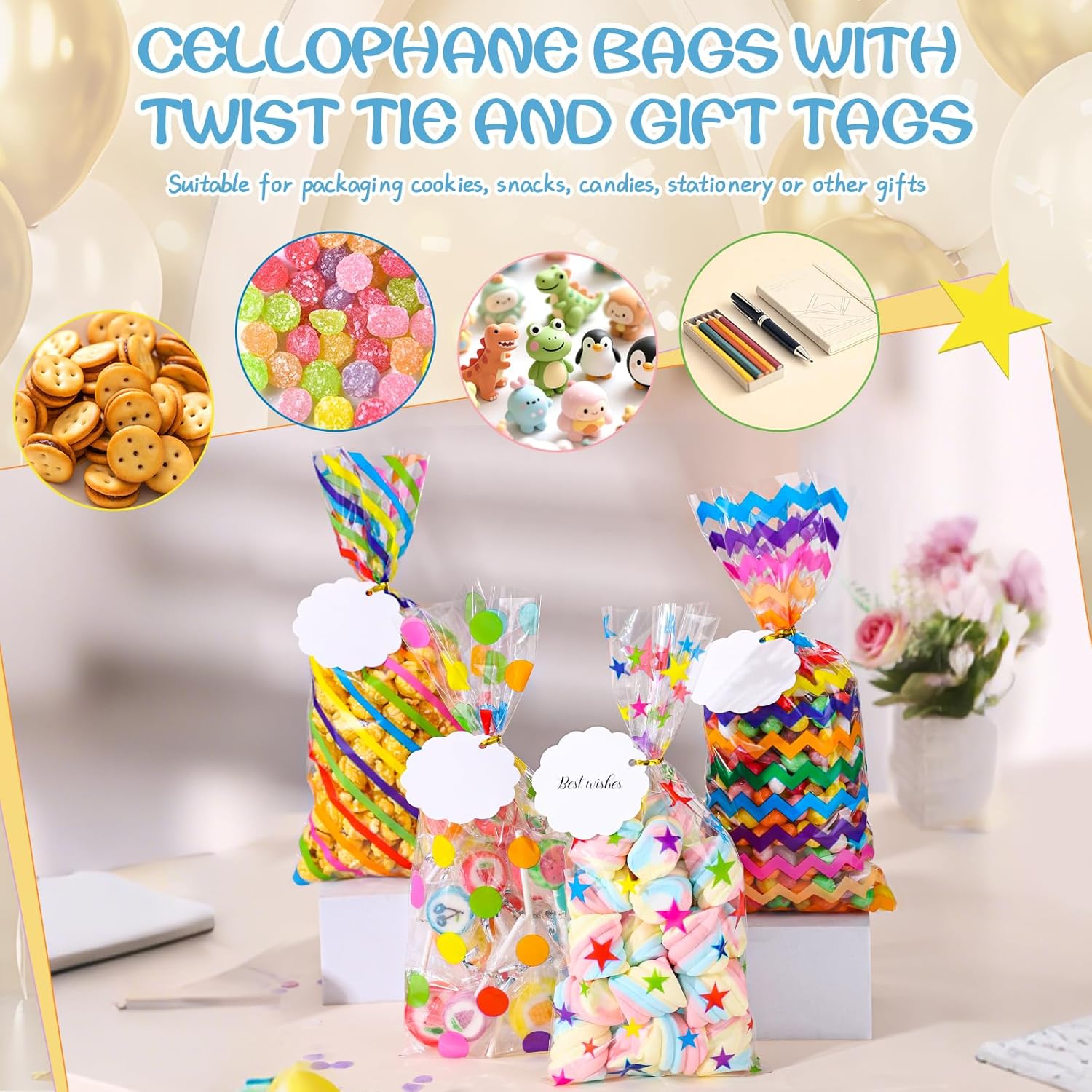 100 Set Rainbow Cellophane  Bags 5 x 10.6 Inch Clear Candy Party Favor Bags with 100  Tags and Twist Ties for Rainbow Colorful Party Easter  Shower Decorations