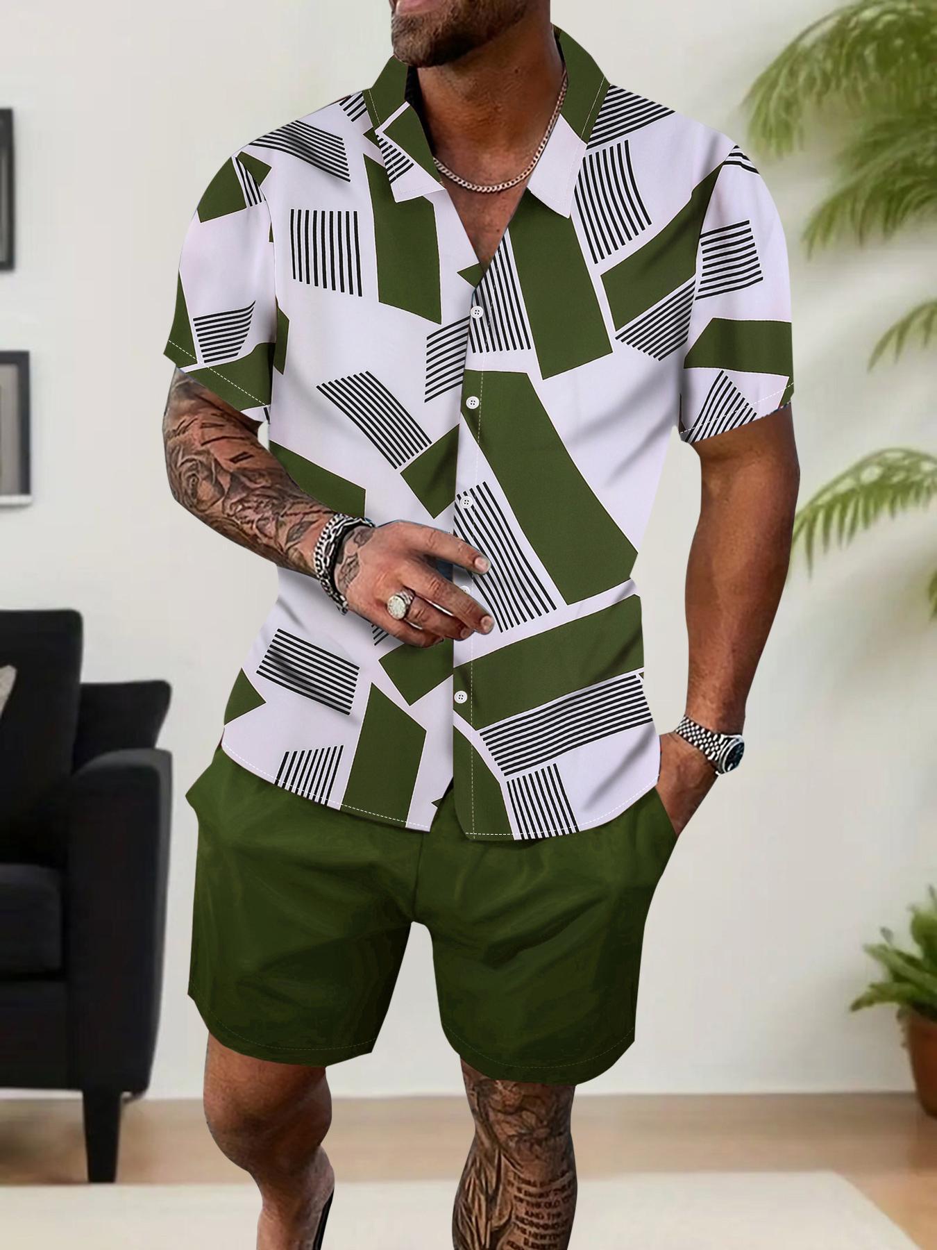 Men's Geometric Print Shirt & Shorts Two-piece Set, Regular Fit Casual Short Sleeve Collared Top & Shorts, Men's Summer Clothes for Beach Vacation