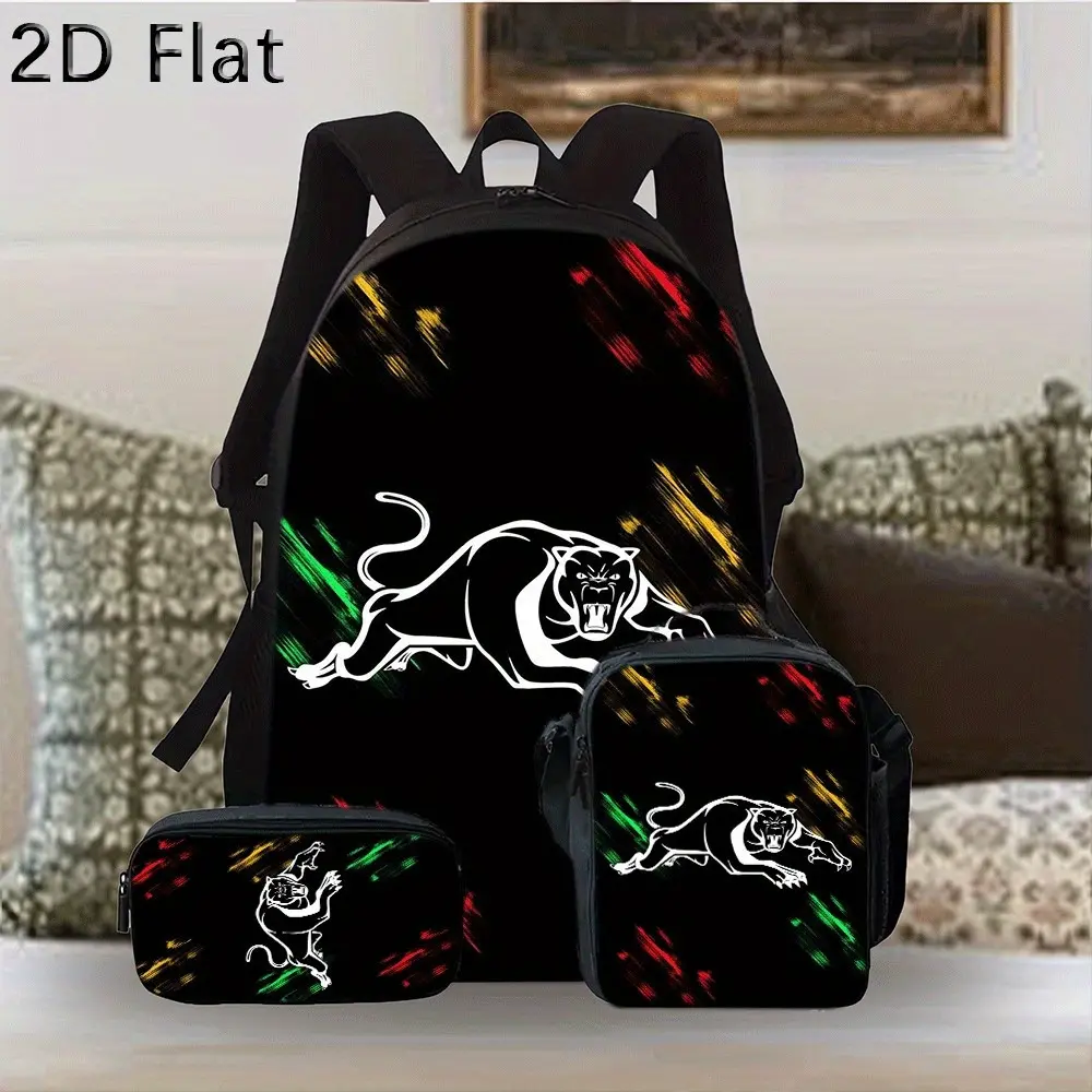 Reggae Panther 3-Piece Backpack Set - Black & Rasta Panther Print Oxford Cloth Daypack with Adjustable Straps, Lunch Bag, Pencil Case for School Use & Kids, Zipper