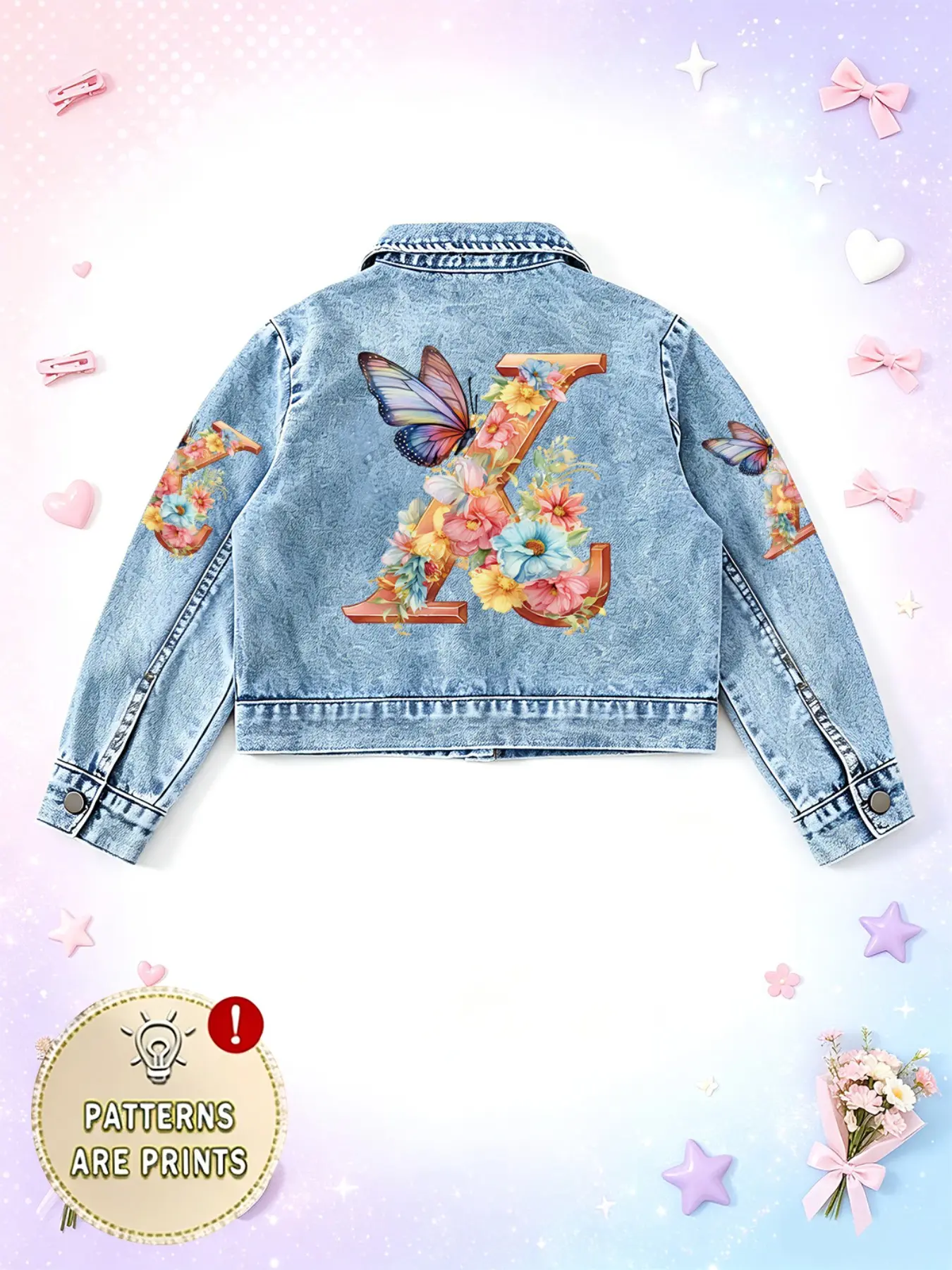 Girls' Sweet Cool Short Denim Jacket, Floral Letter X Butterfly Print, Spring Fall Outerwear, Ideal Gift for Ages 3-8