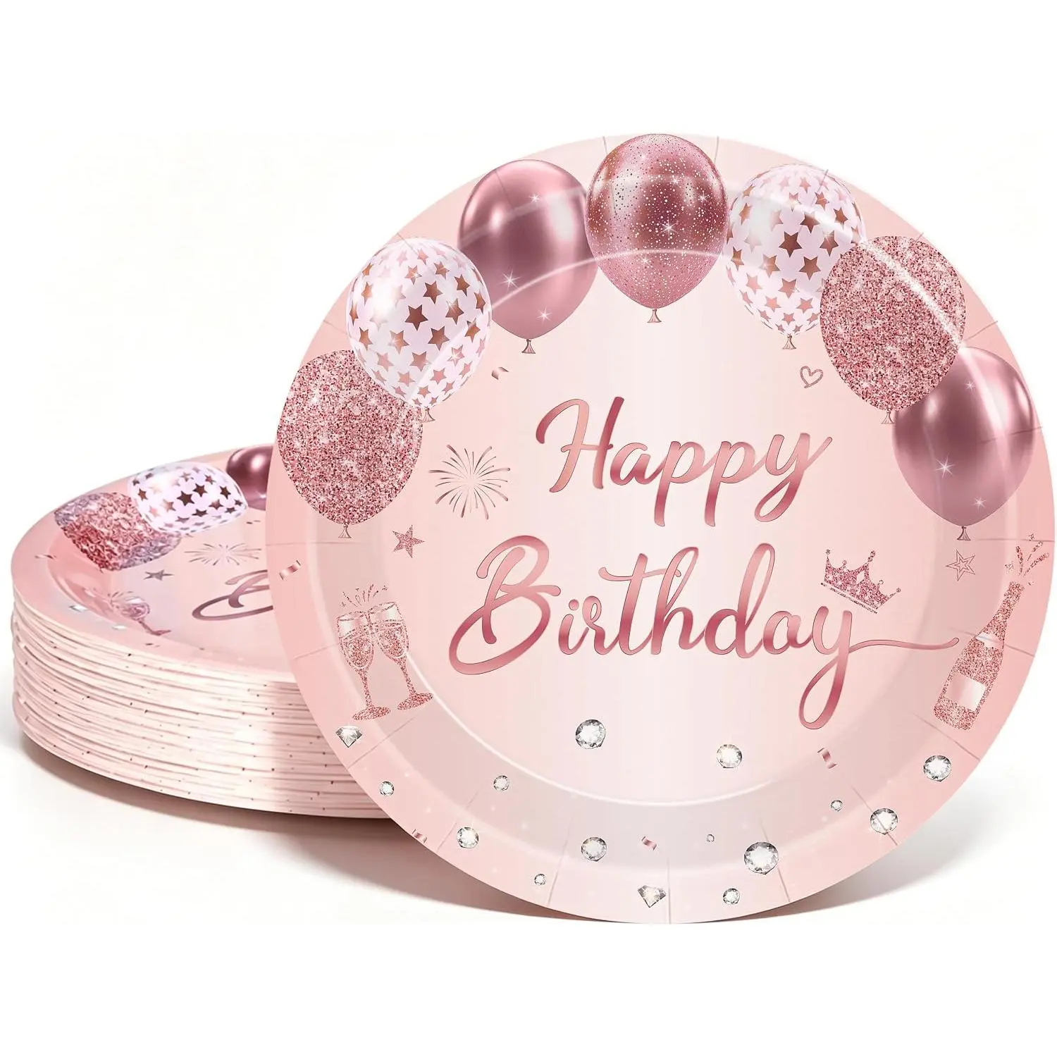 48 count Happy Birthday Paper Plates, 7 Inch Rose   Birthday Dessert Plates, Disposable Party Plates for Cake, Salad, Snacks, Girls Women Birthday Party Decorations Supplies