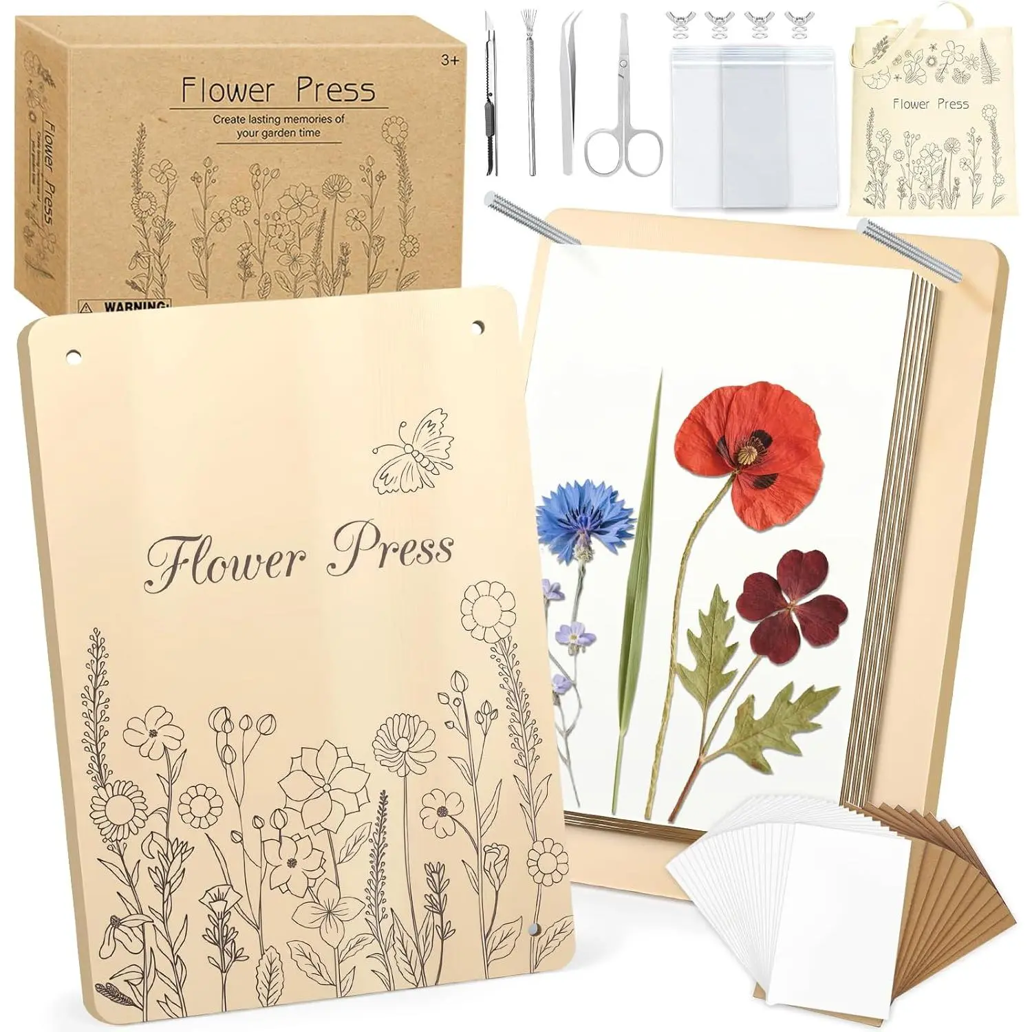 Large Flower Press Kit - 11.8" x 8.3" 10 Layers Wooden Flower Pressing Kit |   Pressed Flower Kit with Storage Bag Arts and Crafts Kits for Adults & Teens, Great Gift for DIY Arts and Crafts Lovers