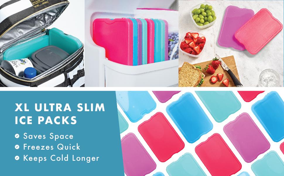 Cool Coolers by Fit & Fresh XL Slim Ice Packs, Quick Freeze Reusable Ice Packs for Lunch Boxes & Coolers, Long-Lasting, Space Saving Cooler Ice Packs, Light Pink, 4Pk