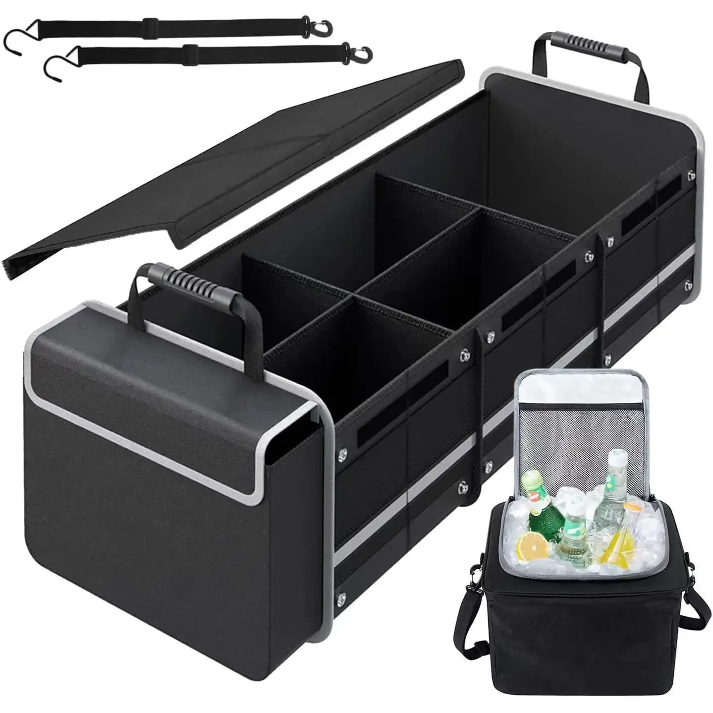 Heavy Duty Car Trunk Organizer with Insulated Cooler Bag, Foldable Bag & Synthetic Storage Org. with Lid for SUV-Sedan, 4 Large Adjustable Compartments, Collapsible Design