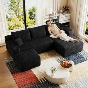 96” U-Shape Boneless Sofa Modular Sectional Cloud Couch with Chaise and Ottoman‌, Modern Comfy Couches for Living Room - Memory Foam Sofa, No Assembly Required,Black (Plush Corduroy Fabric)