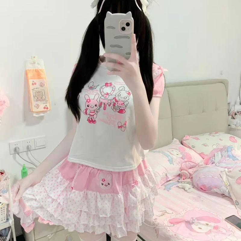 Sweet Japanese Elastic Waist Pink Polka Dot Skirts Kawaii Fashion Patchwork Loose Short Skirt Women's Design Bow Lovely Outfits