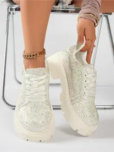 Y2K Shiny Rhinestone Platform Sneakers Satin Lace Up Round Toe Chunky Sole Casual Oxfords
