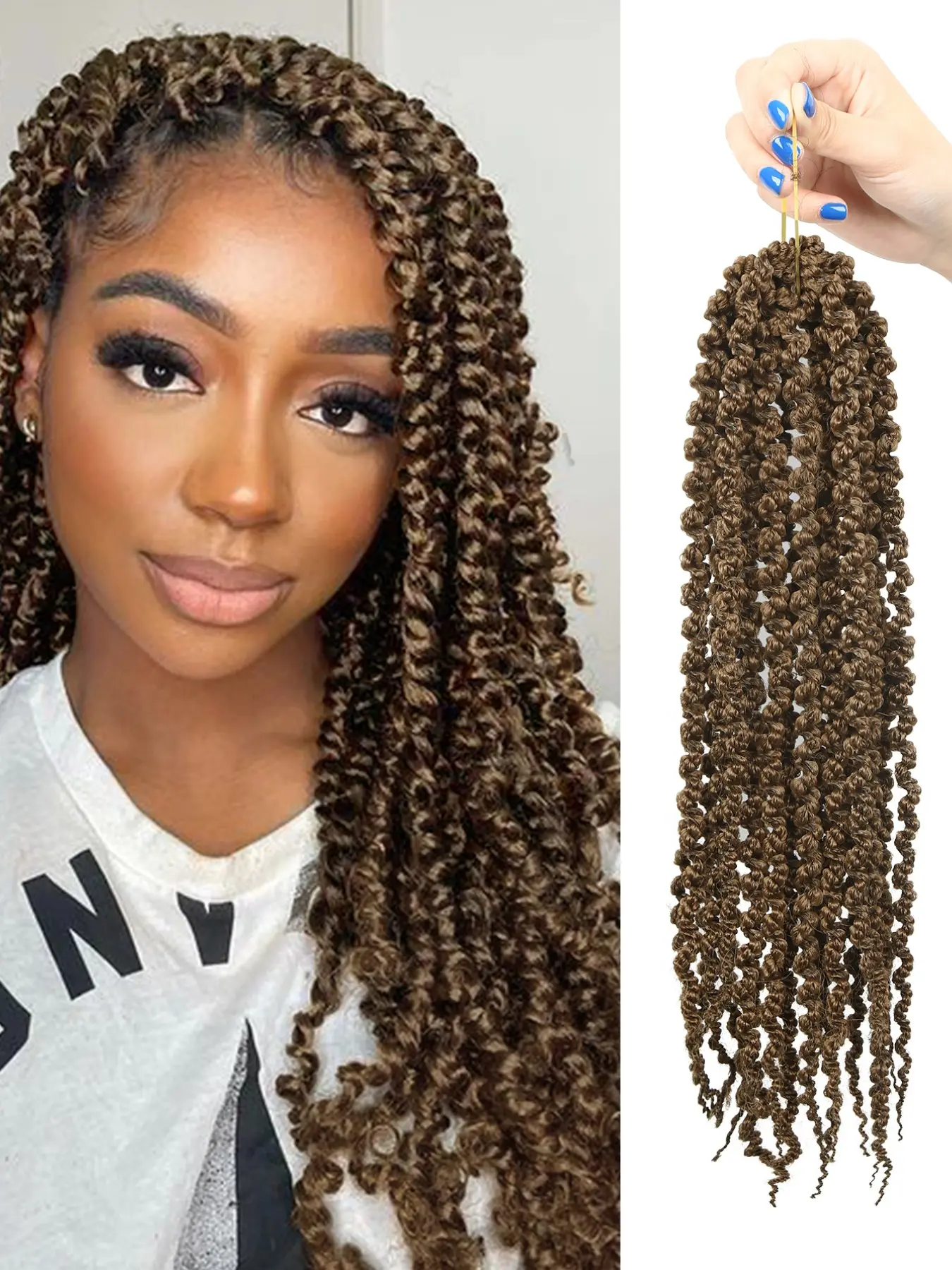 Pre-twisted Passion Twist crochet hair with pre-looped design; 14-inch synthetic braiding hair available in black, brown, and blonde; suitable for everyday styling as well as music festivals, carnivals, Halloween, and cosplay.