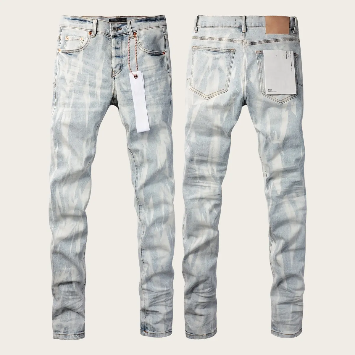 Mens Y2K Vintage Luxury Designer Stacked Jeans Trend Vintage Washed Knee Ripped Paint Splash Slim Tapered Cuff Stretch Denim New Tags US Sizes 28-40