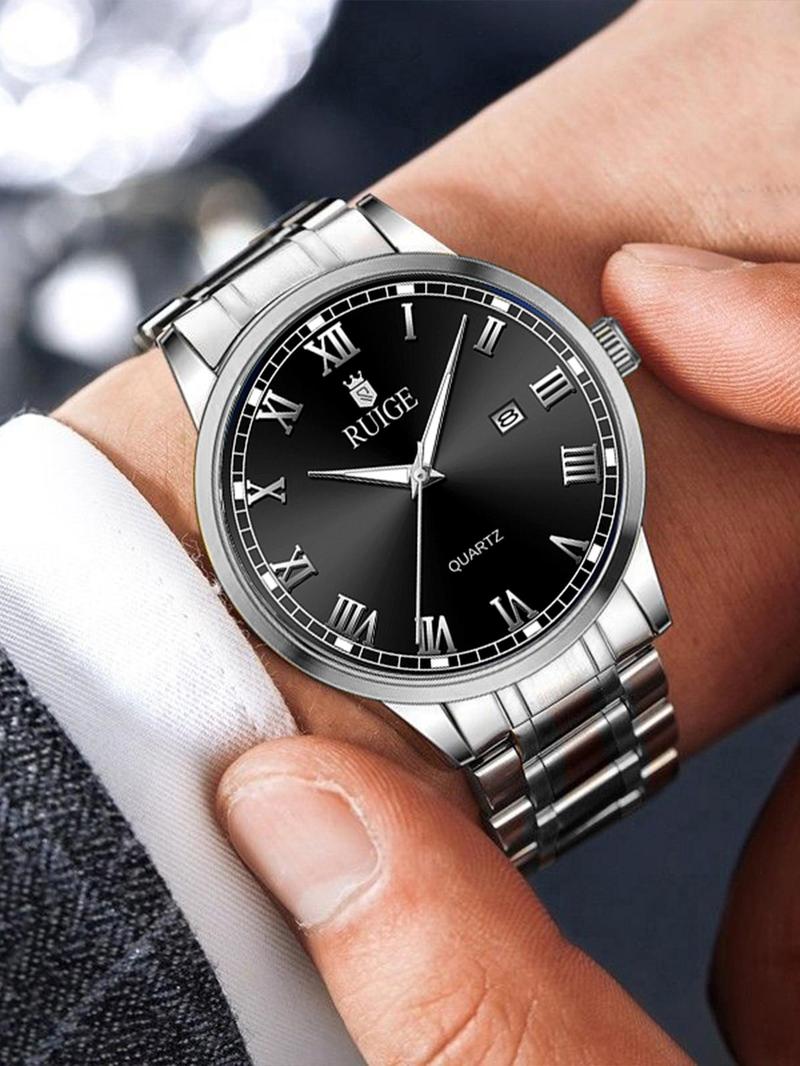 Men's Business Fashion Round Dial Analog Quartz Watch, Stainless Steel Luminous Waterproof Quartz Watch, Classic Fashion Watch with Calendar, Trendy All-match & Exquisite Watch for Birthday Gift with Box, Stainless Steel Watches Men's Business Fashion Round Dial Analog Quartz Watch, Stainless Steel Luminous Waterproof Quartz Watch, Classic Fashion Watch with Calendar, Trendy All-match & Exquisite Watch for Birthday Gift with Box, Stainless Steel Watches