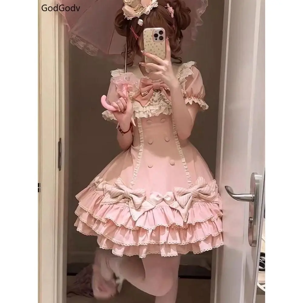 Japanese Sweet Lolita Kawaii Elegant Dress Women Princess Y2k Bow Fake Two Piece Dresses Female Korea Style Design Chic Outfits