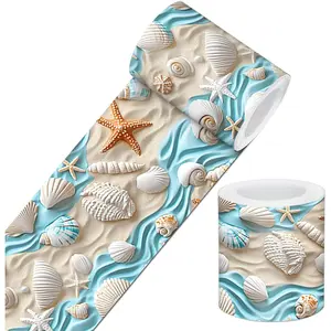 Blue Gold Seashell Starfish Sand Peel and Stick Wallpaper Border 4 x 196 Inch Self Adhesive Removable Vinyl Wall Trim for Bathroom Kitchen Bedroom Easy Install Decorative Wall Edge Accent