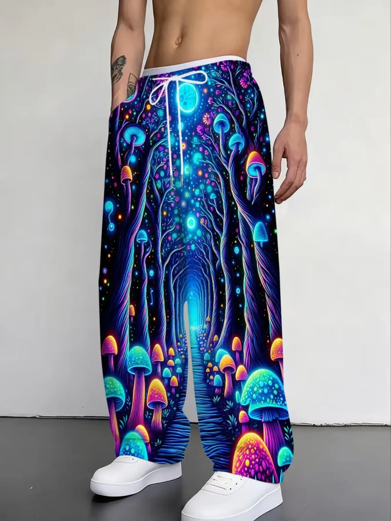 Men's Fun Psychedelic Neon Magic Mushroom Forest 3D Print Casual Boho Pants, Drawstring Streetwear Loose-Fit Straight Leg Trousers