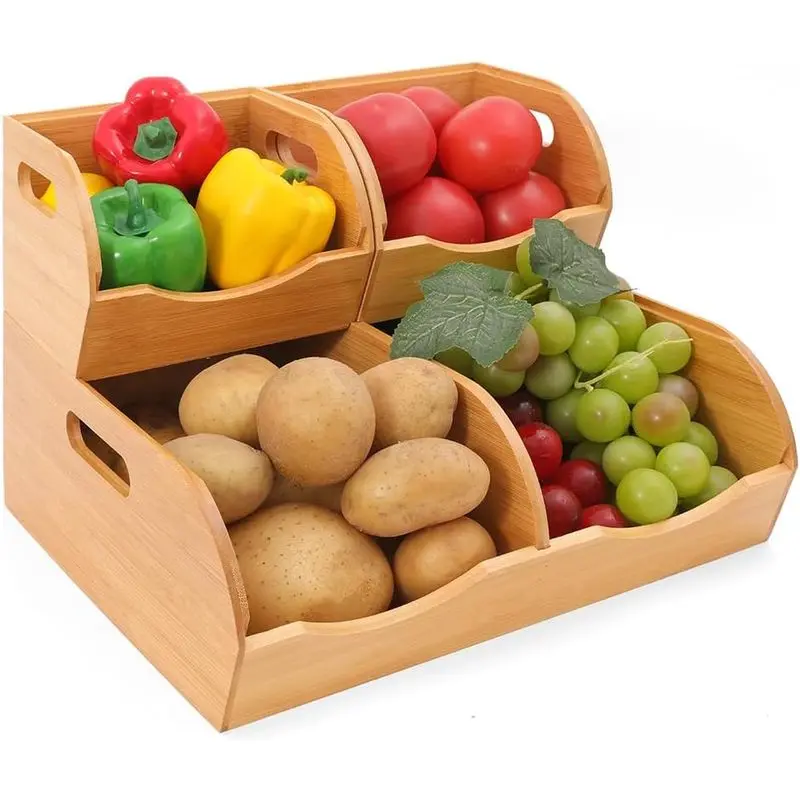Stackable Bamboo Pantry Organizer, 3 Piece Multi Size Storage Basket Set for Potatoes, Onions, Fruits, Snacks and Kitchen Cabinet, Tool Free Assembly, Pantry Organization, Food Pantry Storage
