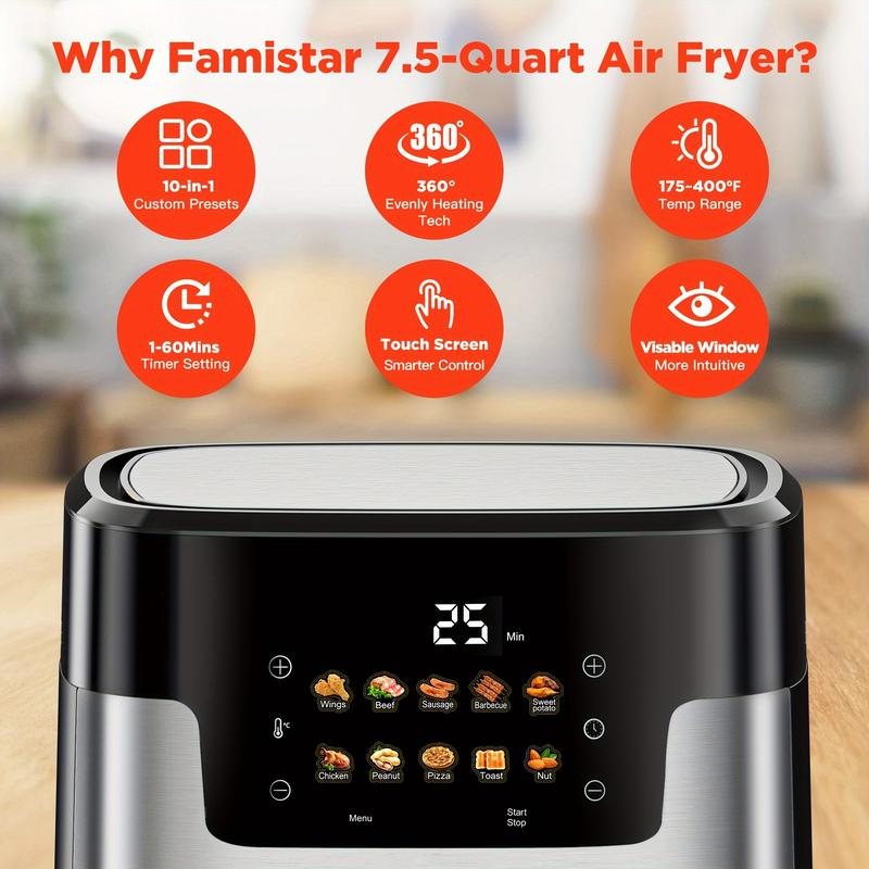 [10-in-1 Air Fryer] 10-in-1 Digital LED Touch Screen Air Fryer, 7.5QT stainless steel material Oilless Cooker with 10 Preset Cookings, Dishwasher-Safe Basket & 20pcs Air Fryer Paper Liners