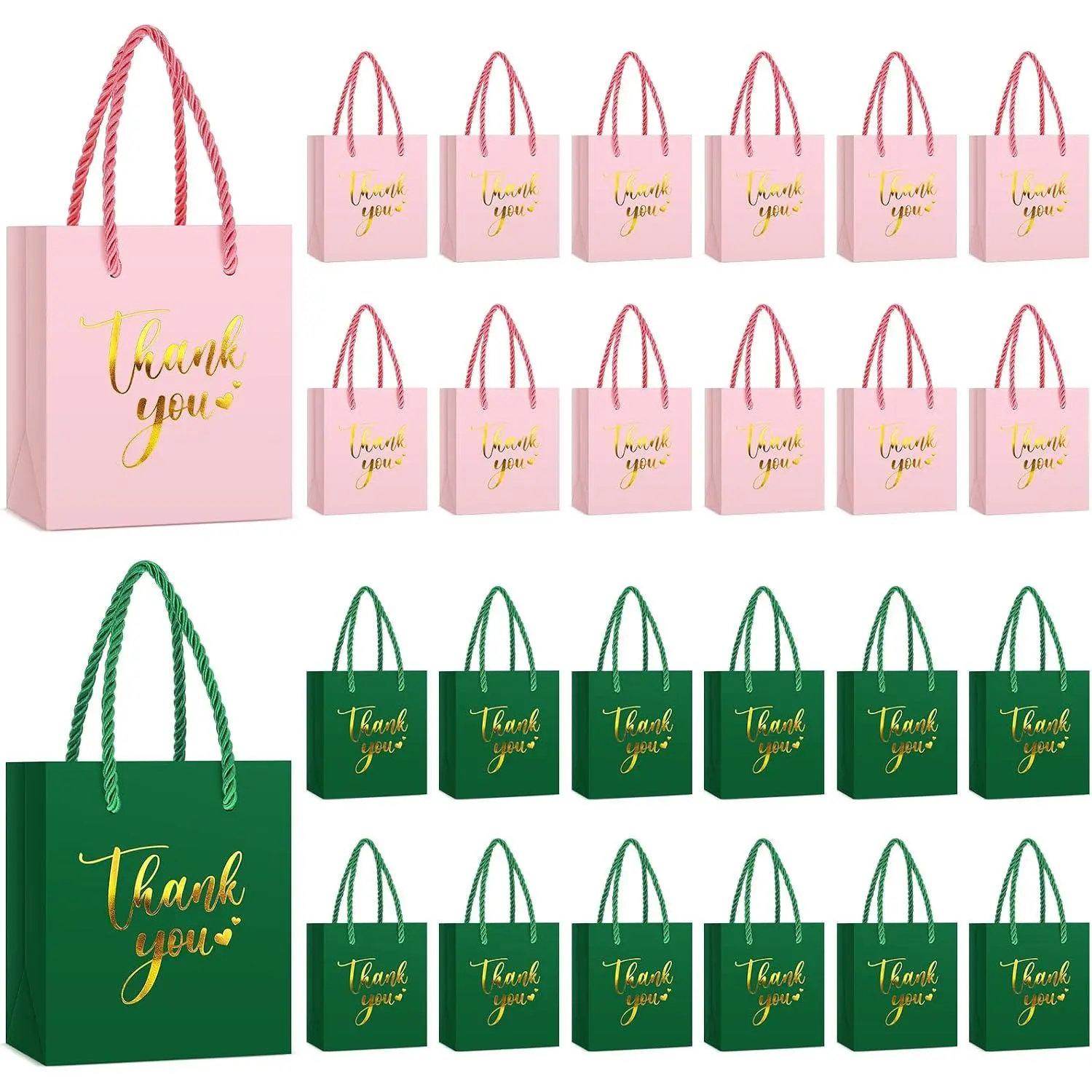 30 count Mini Thank You  Bag with Handle 4x2.75x4.5'' Small Foil Sack Bulk Paper Party Favor Tote for Guest Wedding Bridal  Shower Birthday Appreciation Holiday(Green & /)