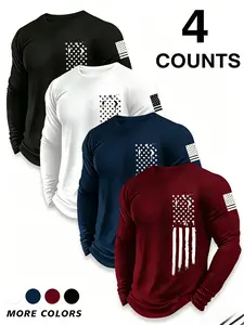 4-Pack Men's Round Neck Long Sleeve T-Shirts, Menswear, Top, Usa Flag Design, Sporty Geometric Pattern, Fitted Style, Spring & Fall Wear
