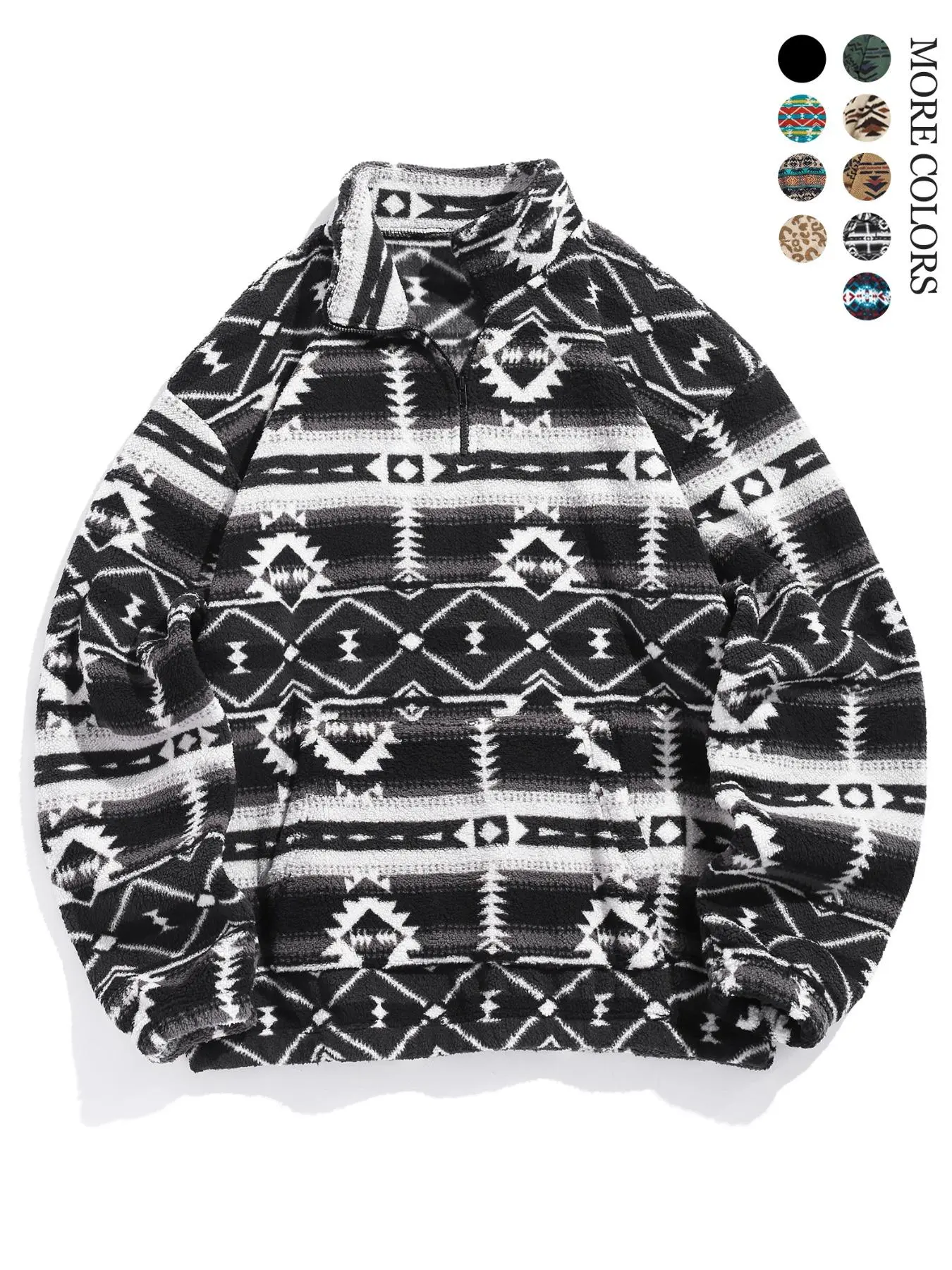Men's Tribal Ethnic Faux Fur Plush Sweatshirt, Half Zip Stand Collar Long Sleeve Pullover, Loose Drop Shoulder Kangaroo Pocket Warm Outerwear, Casual Fashion Sport Top for Fall Winter Daily Wear, Trendy Outerwear
