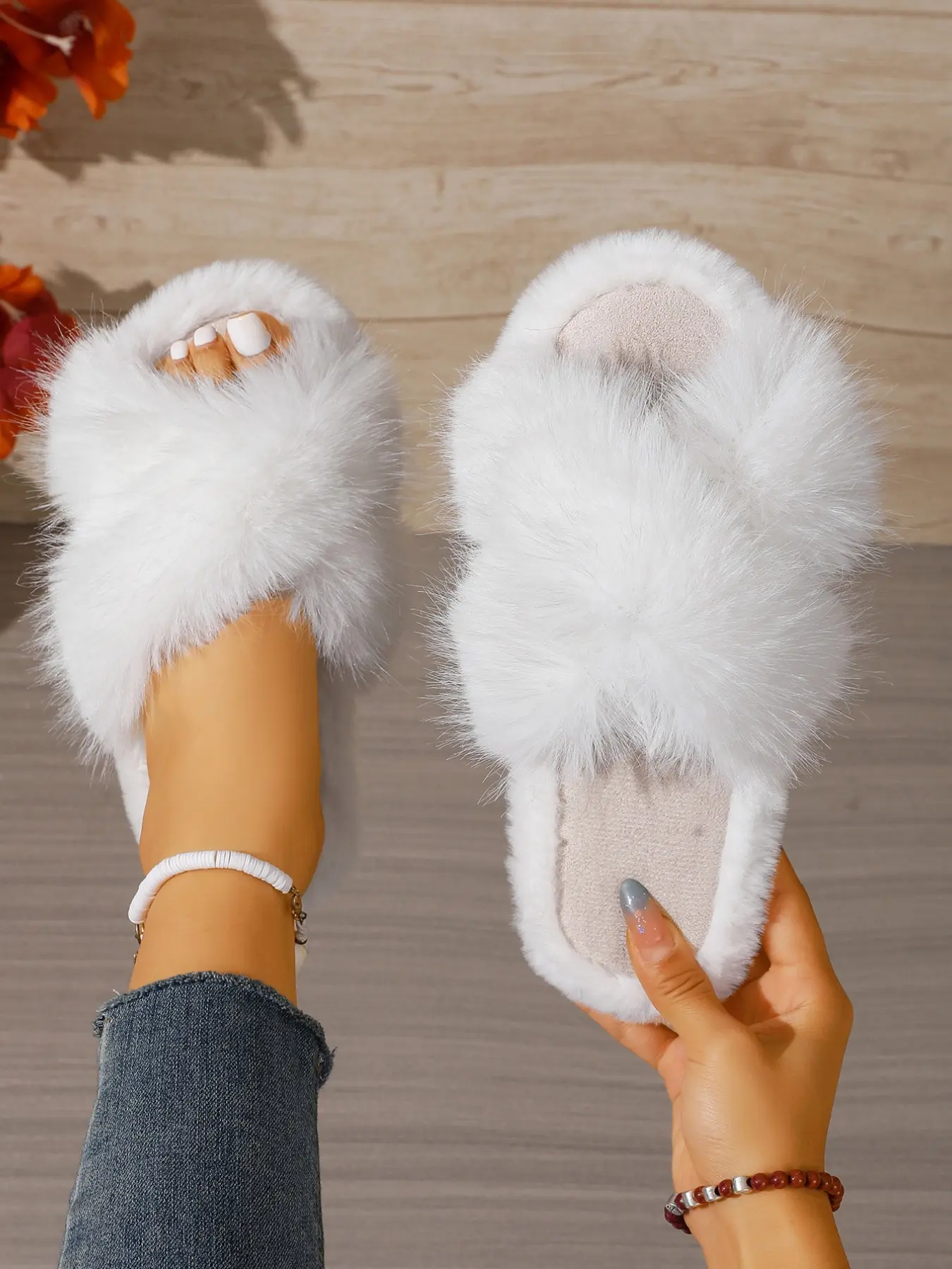 Women's Open-Toe Plush Slip-On Sandals, Soft Non-Slip Sole, Indoor Outdoor Warm Home Slippers, Casual Daily Wear Cotton Slippers