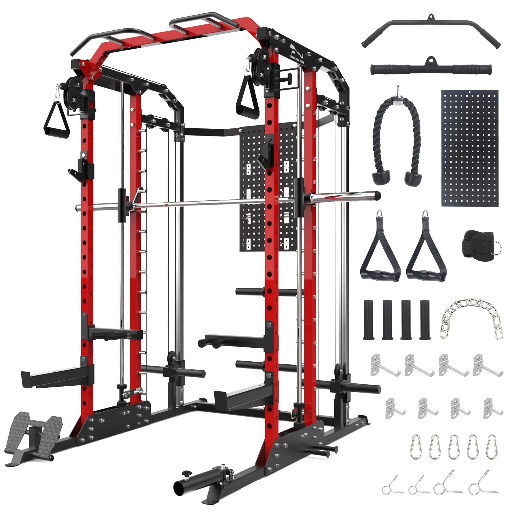 Power Cage Smith Machine, 2400 Lbs Superior Multi-Functional Power Rack with Cable Crossover, Squat Rack for Home Gym with LAT Pulldown System, Home Gym Equipment(3 Boxes)