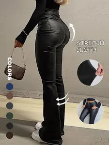 NVFelix Women Faux Leather Butt Lifting Leggings Flare High Waist Sexy Bell Bottom Pants