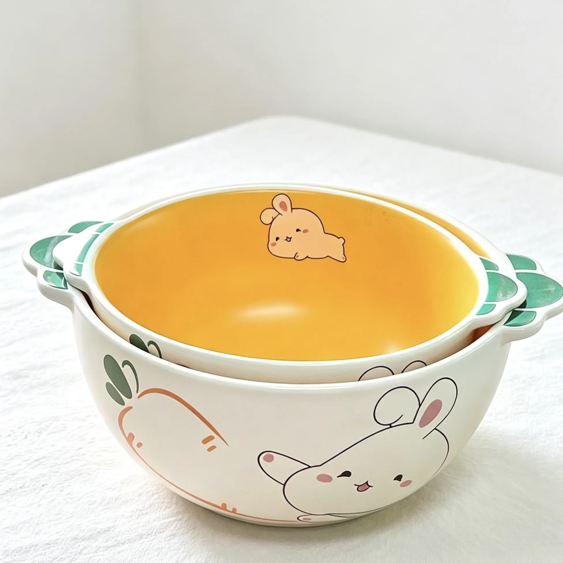 2-Piece Ceramic Mixing Bowls Set, Easter Bunny Pattern, Dishwasher Safe, Microwave & Oven Friendly, Modern Elegant Tableware for Home Use, Ceramic Pasta Bowls