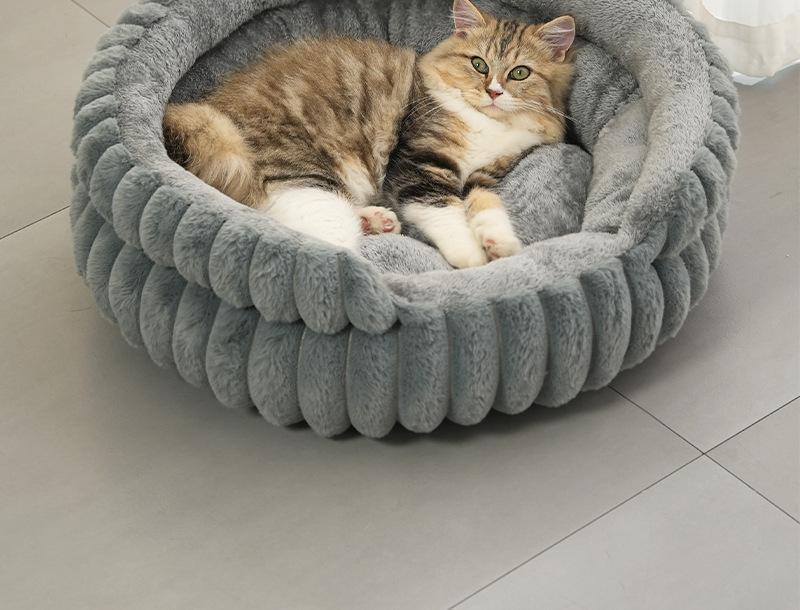 Fluffy Rabbit Fur Round Pet Bed – Quilted Donut Cushion for Cats & Dogs, Thickened Anti-Slip Mat, Small Medium Large Sizes