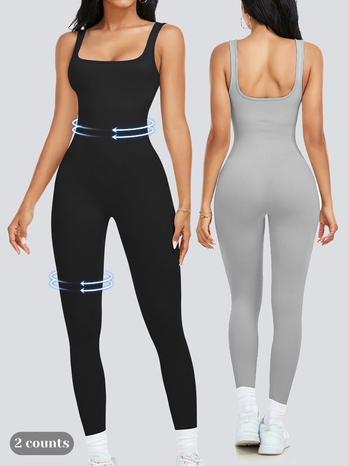 Women's Solid Square Neck Shapewear Jumpsuit, Casual Comfy Tummy Control Seamless Ribbed Jumpsuit for Daily Wear, Ladies Shapewear for All Seasons, Sporty Comfy Jumpsuit