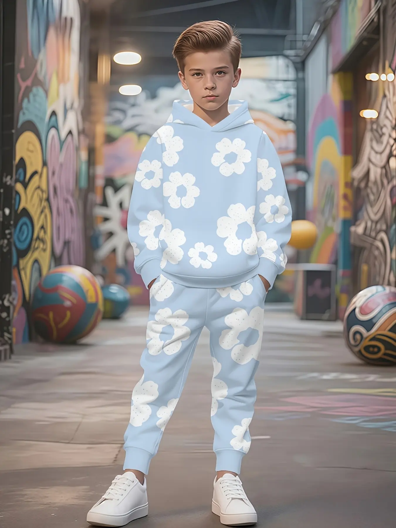 Boys' Floral Print Hoodie Set, Casual Loose-Fitting Suit, Fashionable Daily Wear, Spring & Fall, Trendy Kids Clothing