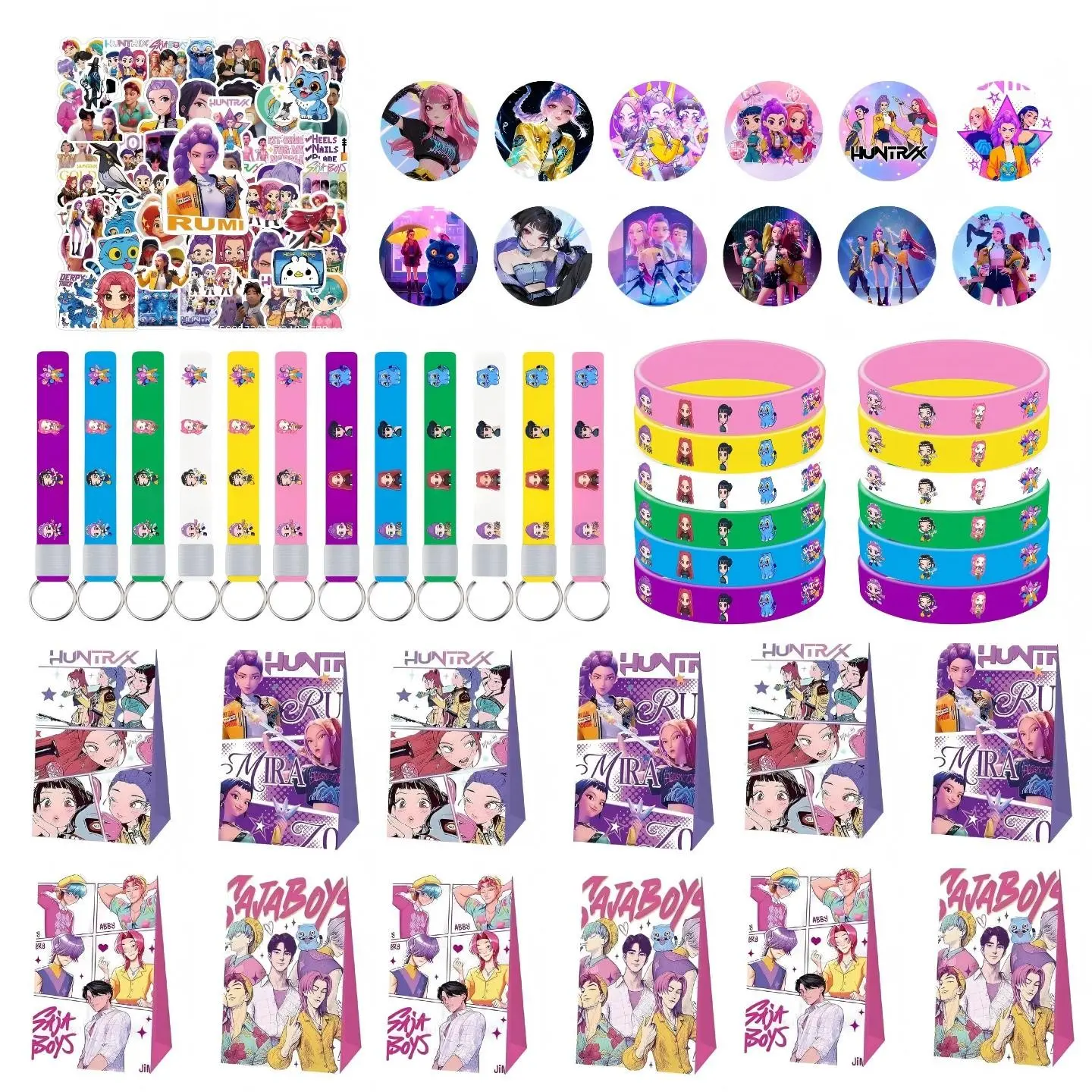 5 sets of Korean cartoon girl group birthday party gift combos, including 12 cartoon keychains, 12 cartoon wristbands, 12 gift bags, 12 cartoon badges, and 50 fridge stickers — the best choice for party gifts.