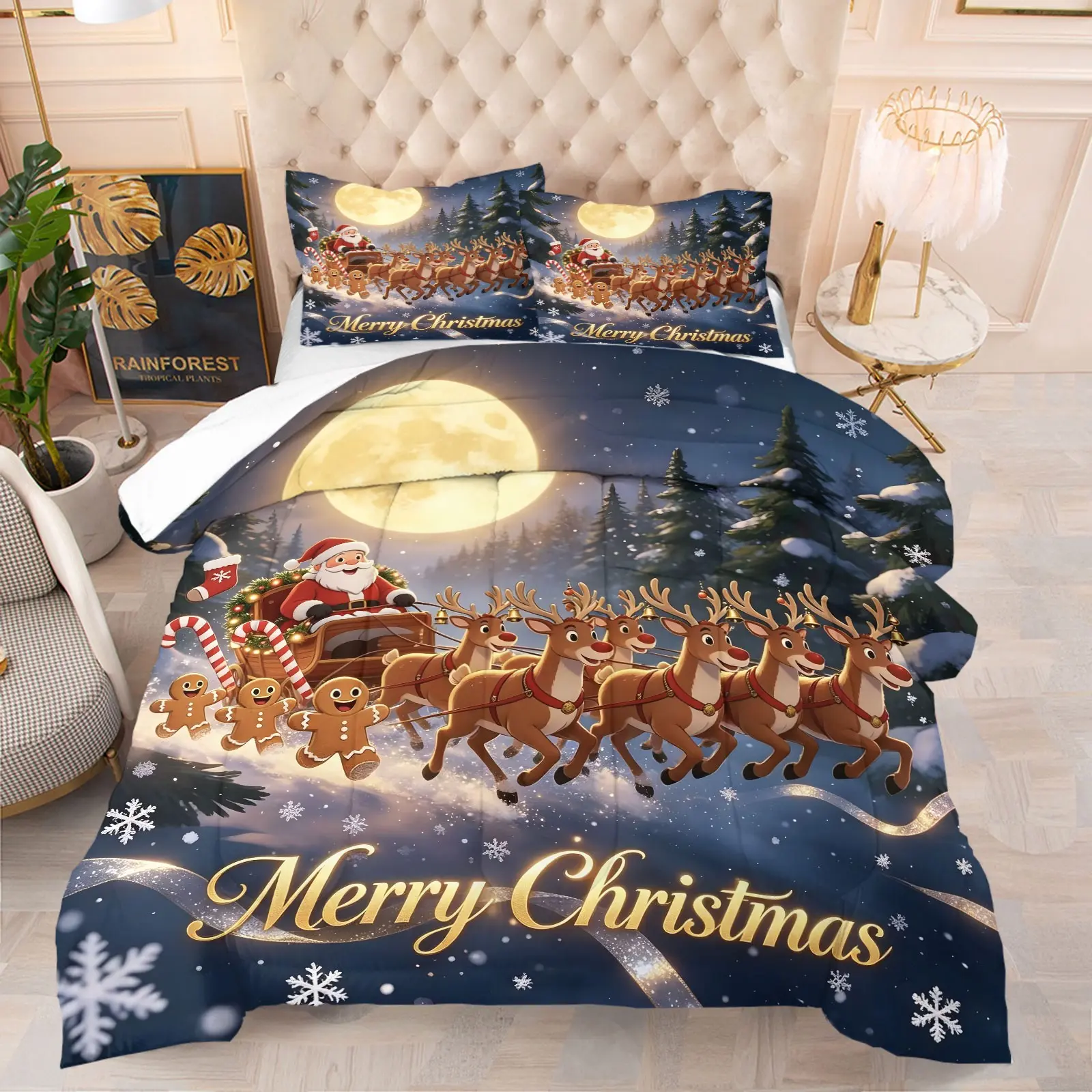 2/3Pcs Xmas Comforter Bedding Set,Polyester,Multi‑Sizes,Wear‑resistant,Fairy‑tale Santa Winter Snow Print (With Filling,No Pillowcases)