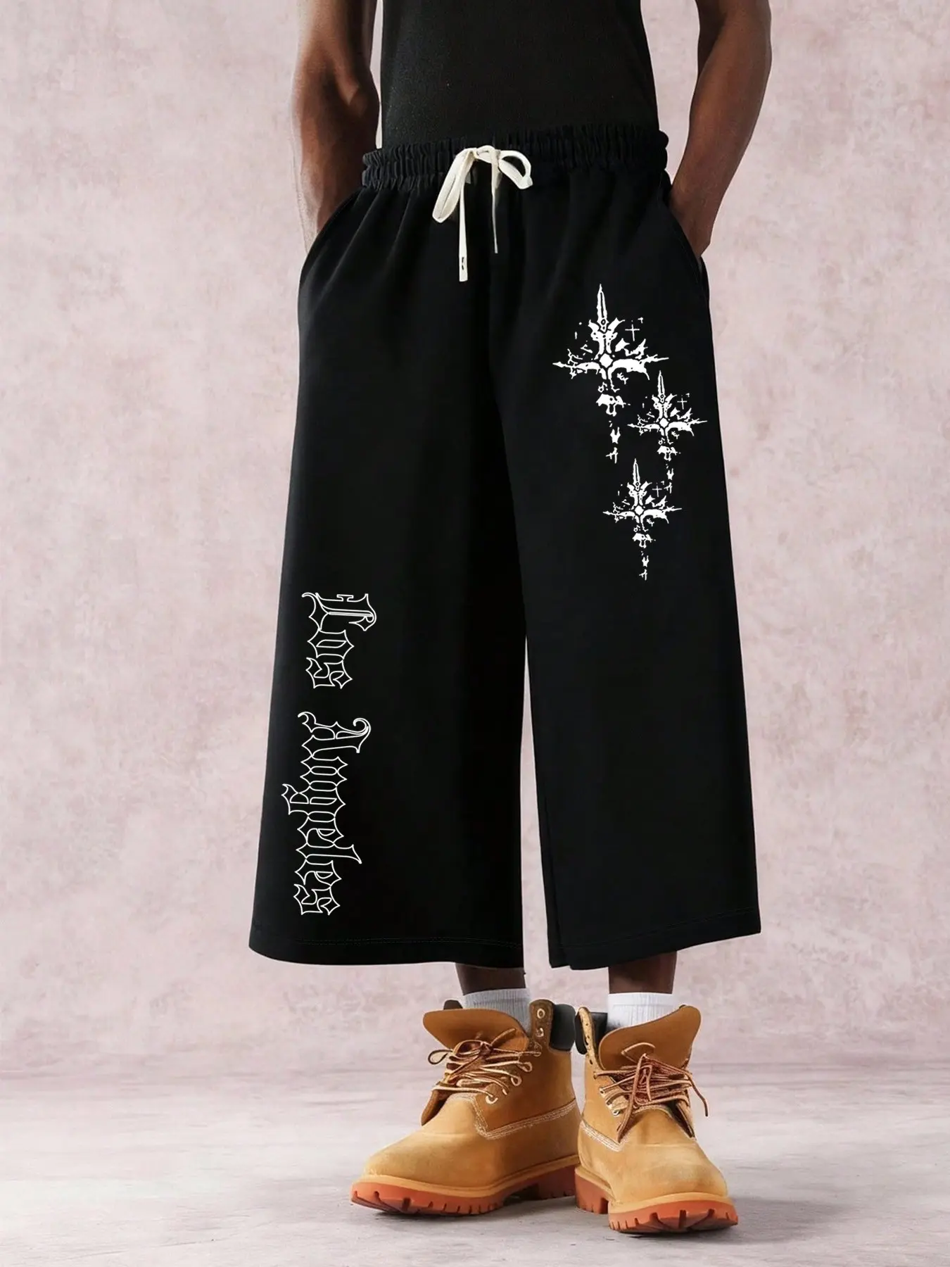 Men's printed capri pants, Gothic cross print wide-leg pants, Los Angeles letter pattern loose pants, men's street style drawstring casual capri pants
