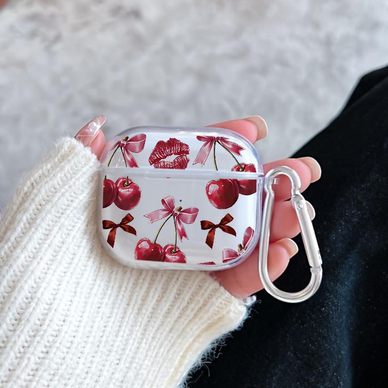 Cherry Kisses Pattern Protective Case for AirPods 4/3/2/1/Pro/Pro2 Soft TPU Earphone Cover, Transparent with Keychain