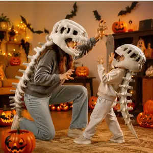 Dinosaur Skeleton Headgear Costume Hood Plush Mask Pillow Helmet Soft Wearable Cosplay Prop for Spooky Halloween Party, Unisex Funny Home Decor & Sofa Lounging Gift, Silent Comfortable Novelty Costume