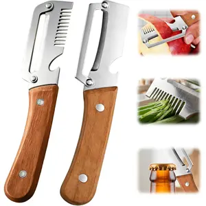 2PCS 3-in-1 Vegetable Peeler Set with Wooden Handle, Stainless Steel Potato & Carrot Peeler, Built-in Onion Shredder & Bottle Opener, Multi-Function Kitchen Gadget for Easy Food Prep