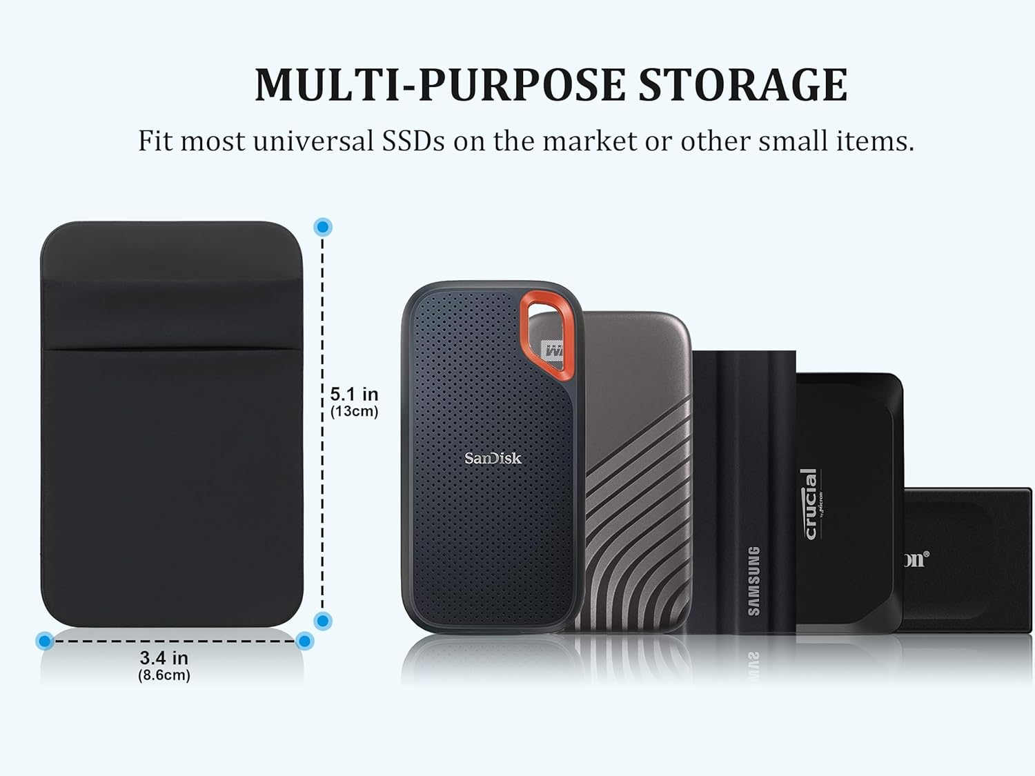 Portable Hard Drive Sleeve for Laptop, 2-Pocket Stick on Pouch with  Adhesive, for San Disk, , Crucial External Solid State Drive SSD Hard Drive Carrying Case Organizer, Black