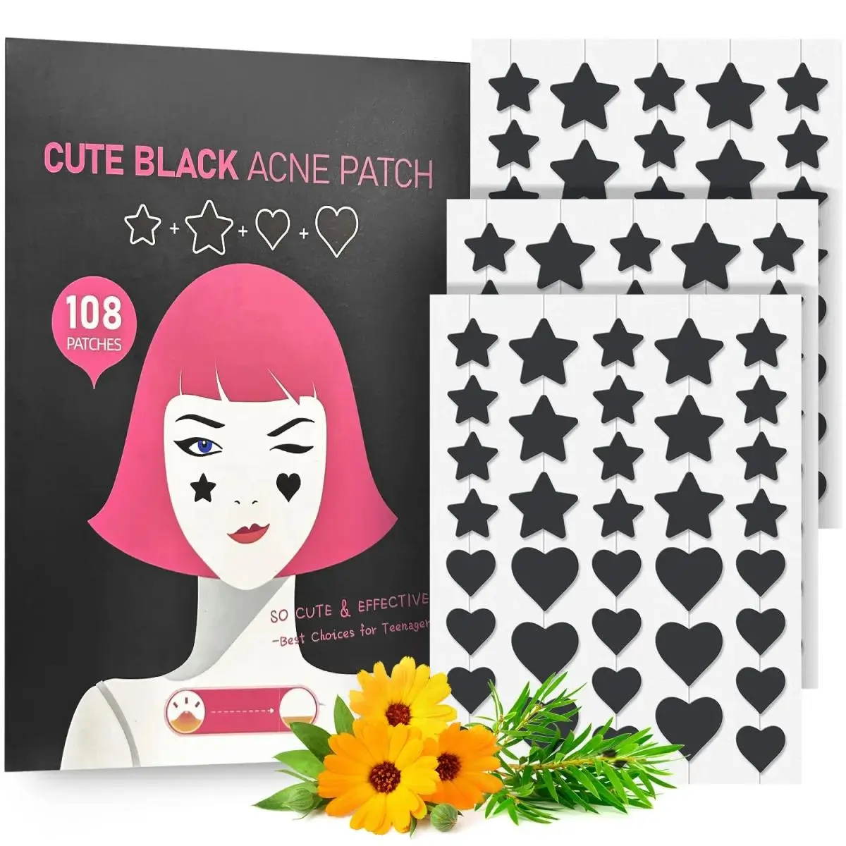 Acne Patch Pimple Patch, Black Star & Heart Shaped Acne Absorbing Cover Patch, Hydrocolloid Acne Patches For Face Zit Patch Pimple Sticker Acne Dots, Tea Tree Oil + Centella (108 Count)