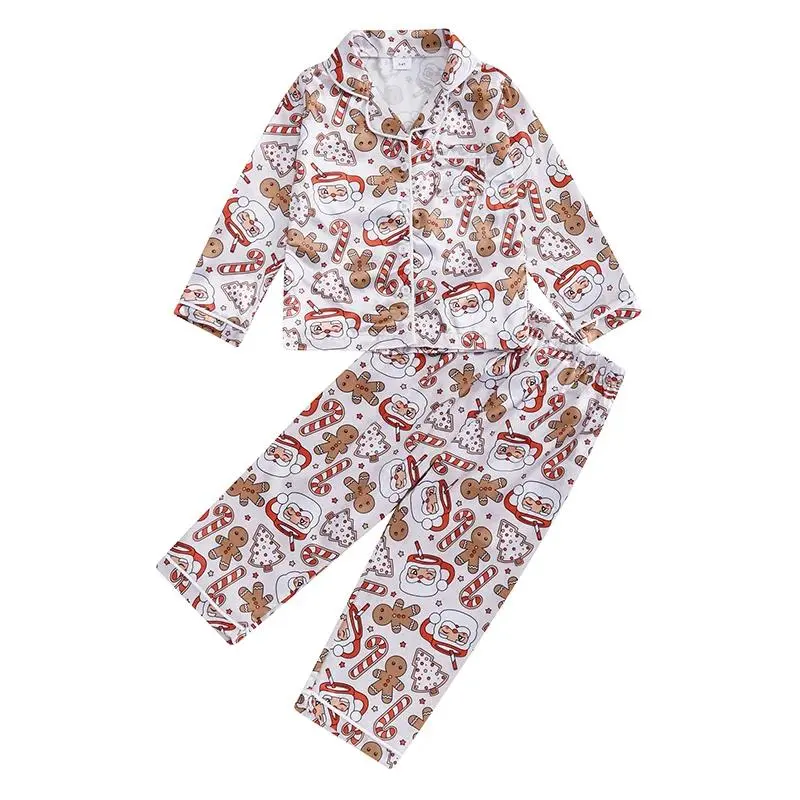 Kid Boy Girl Christmas Satin Pajama Set Candy Cane Print Long Sleeve Button Down Tops Elastic Waist Pants Fall 2 Pieces Sets