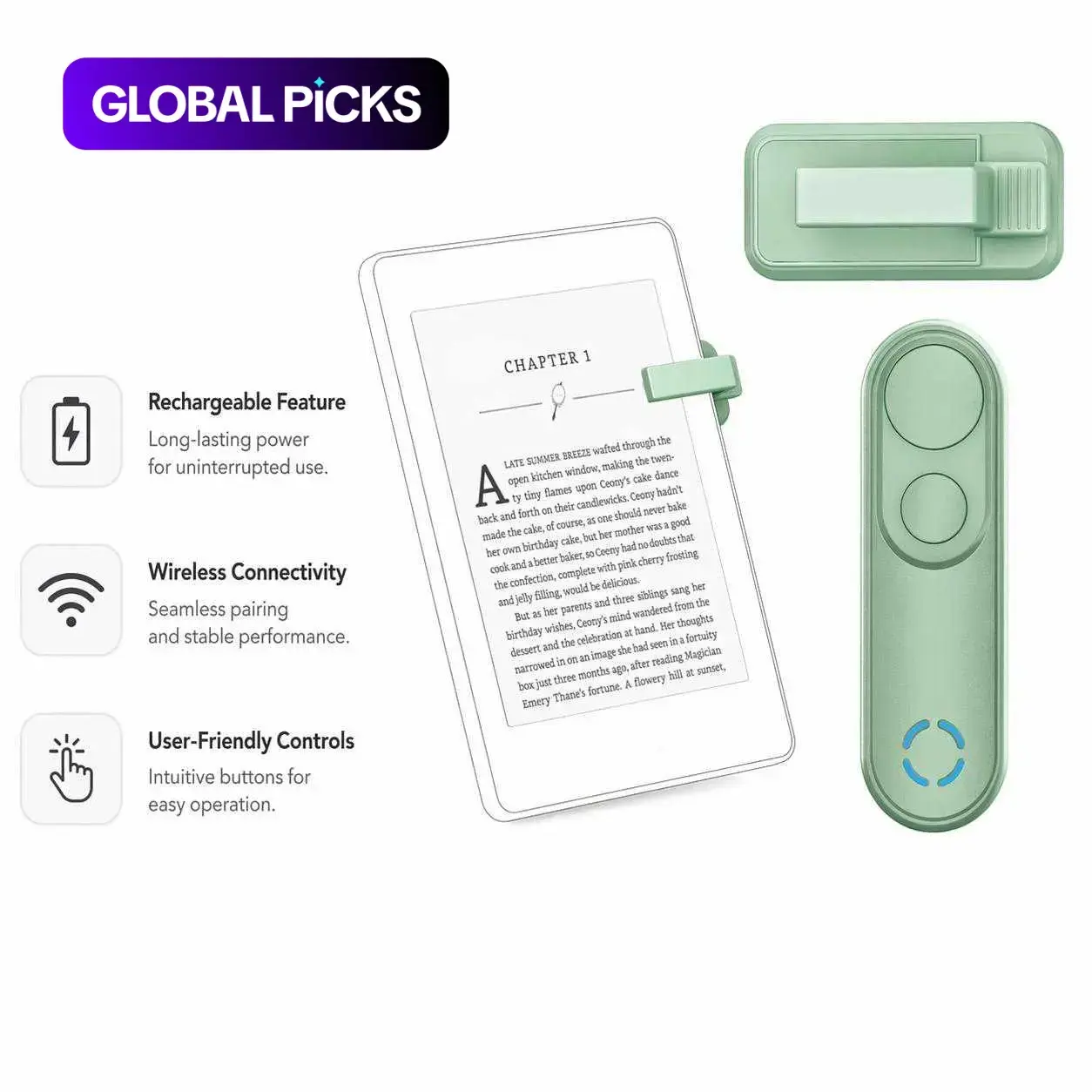 Wireless Remote Control Page Turner, 1-Count Rechargeable Page Turner Accessory for iPhone and Android Tablets for Reading Novels #GLOBAL PICKS