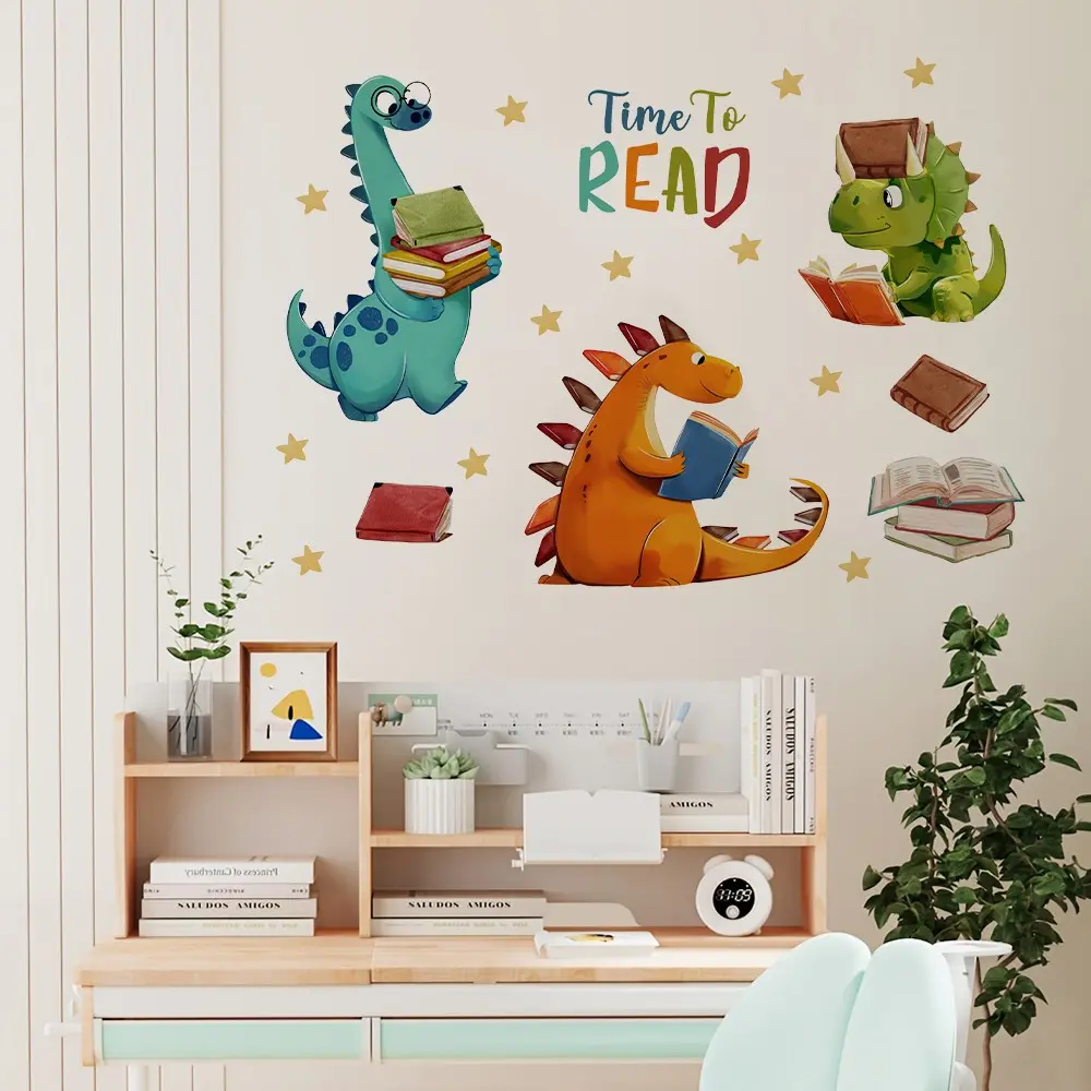 Back-To-School Dinosaur Reading Wall Sticker, Educational Wallpaper for Library, Classroom, Living Room, Universal Home Decor