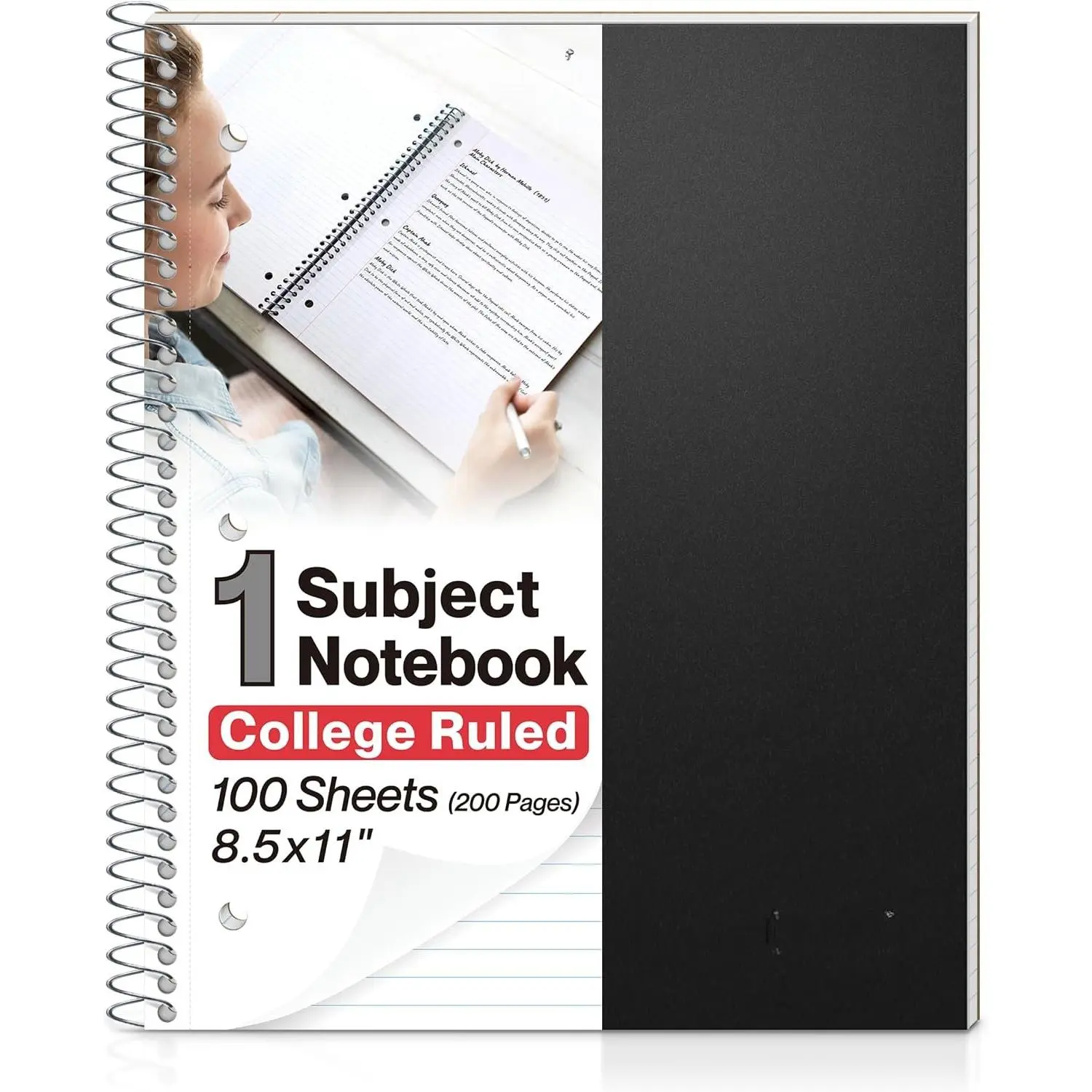 1-Subject College Ruled Spiral Notebook, 8.5x11 Inches, 100 Sheets, Black, Plastic Cover, Pocket Divider, 3-Hole Punched, Perf Page, Fits 8.5x11 Paper