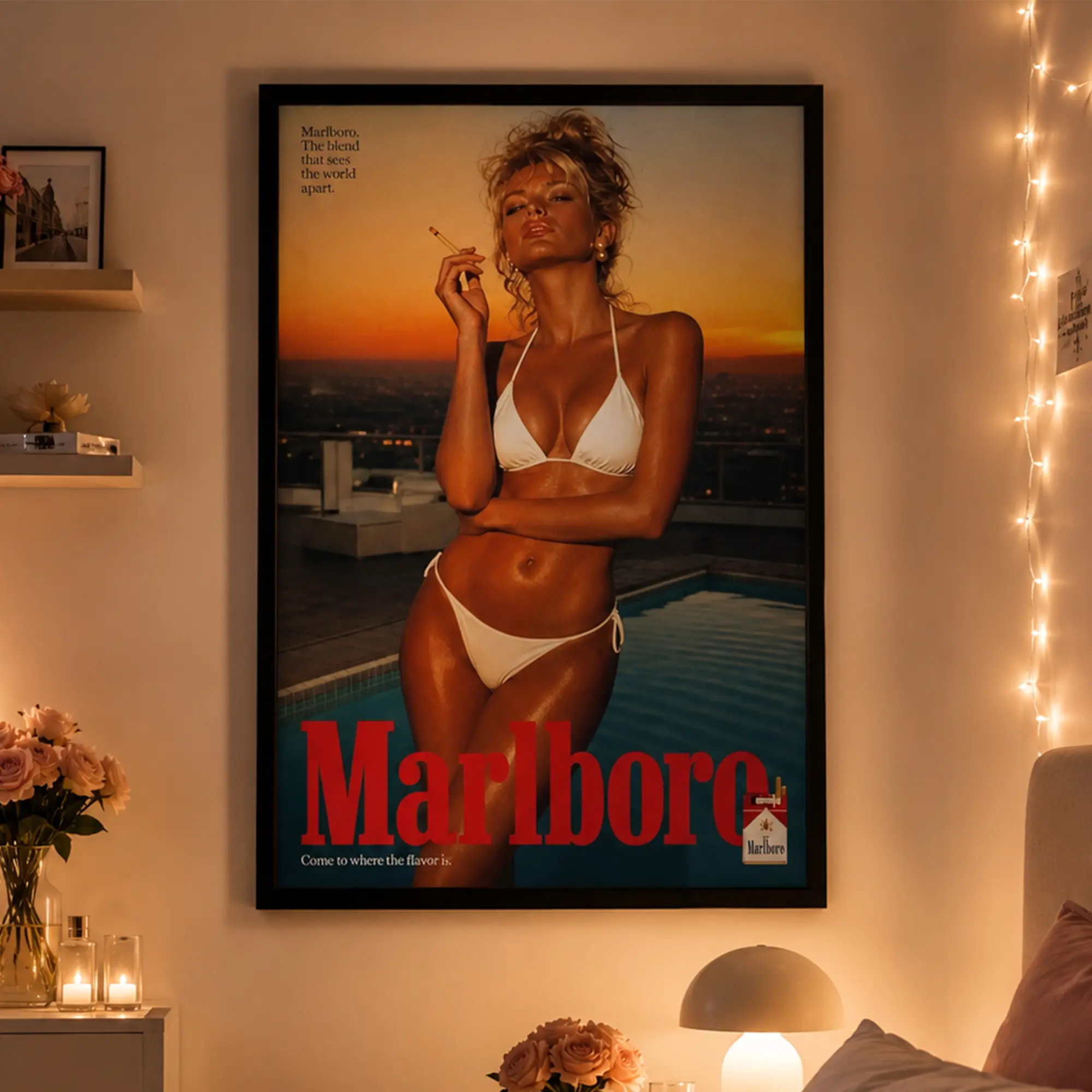 Top Rated Vintage Marlboro Sunset Pool Bikini Woman Canvas Print, Retro Classic Cigarette Advertising Aesthetic Wall Poster, Vintage Bar Decor Gift For Retro Ad Collectors, Stylish Wall Art For Man Cave Lounge Bedroom Apartment