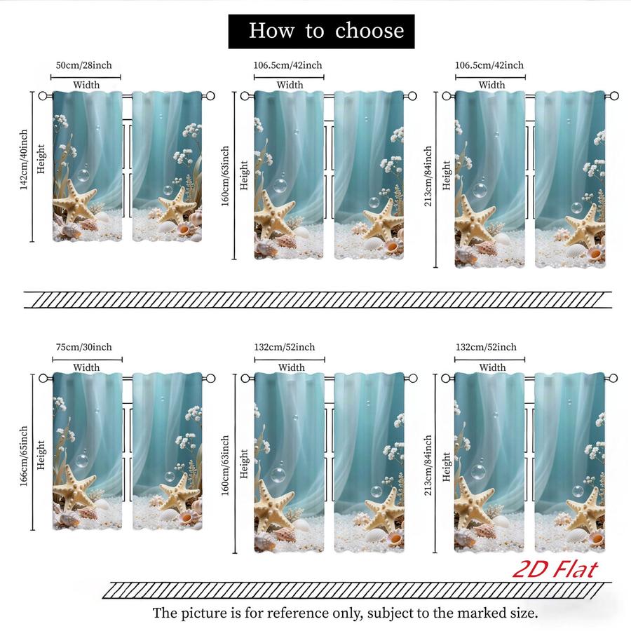 2Pcs Ocean Style Starfish Seashell Bubble Pattern Sun Blocking Curtains Digital Printed Rod Pocket, Window Treatment For Bedroom Office Kitchen Living Room Study Home Decor