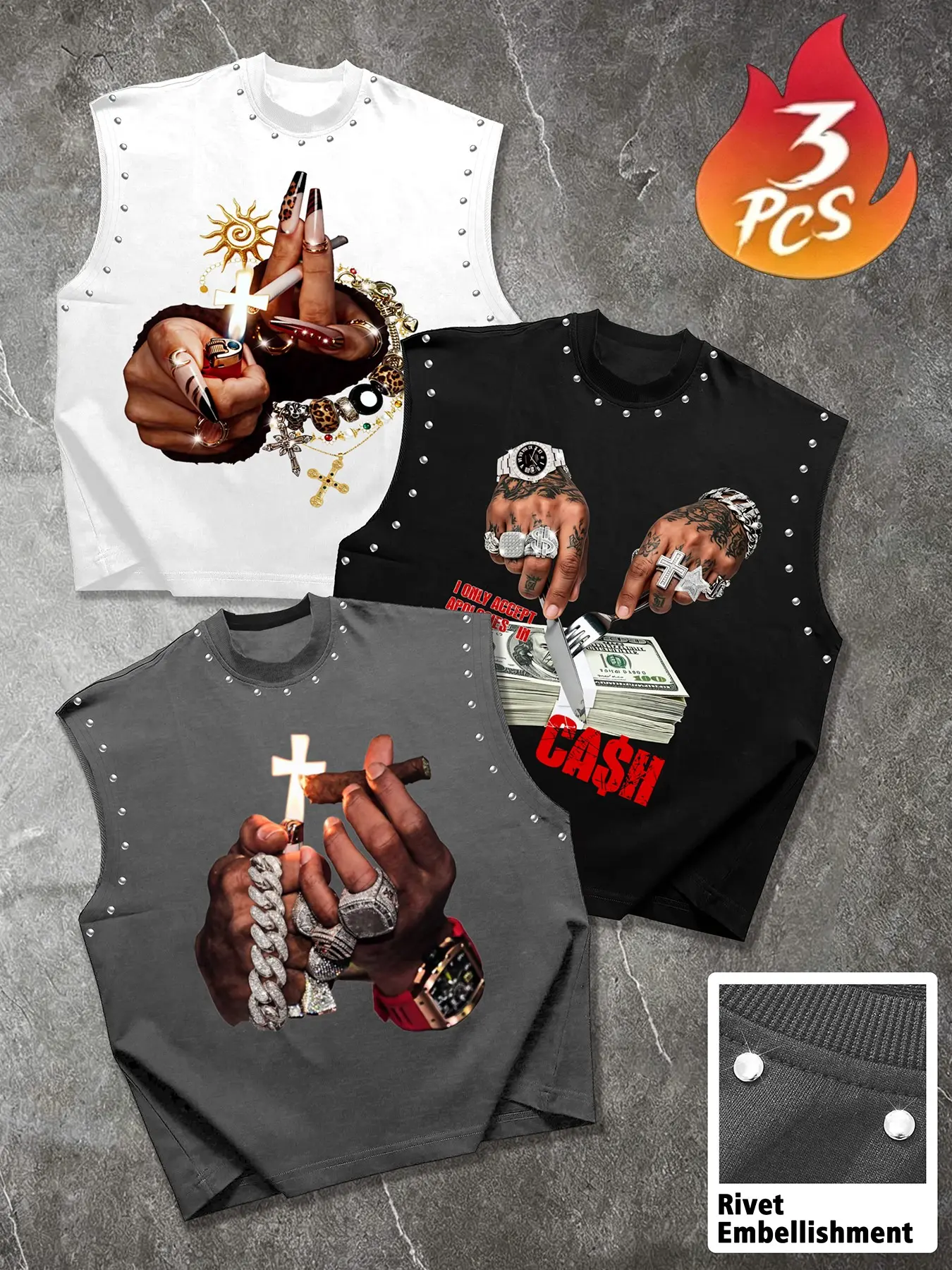 Men's Casual 3-Piece Tank Top Set, Unique Jewelry Tattoo Print, Slim Fit, Four Seasons Wear, Street Style Attire