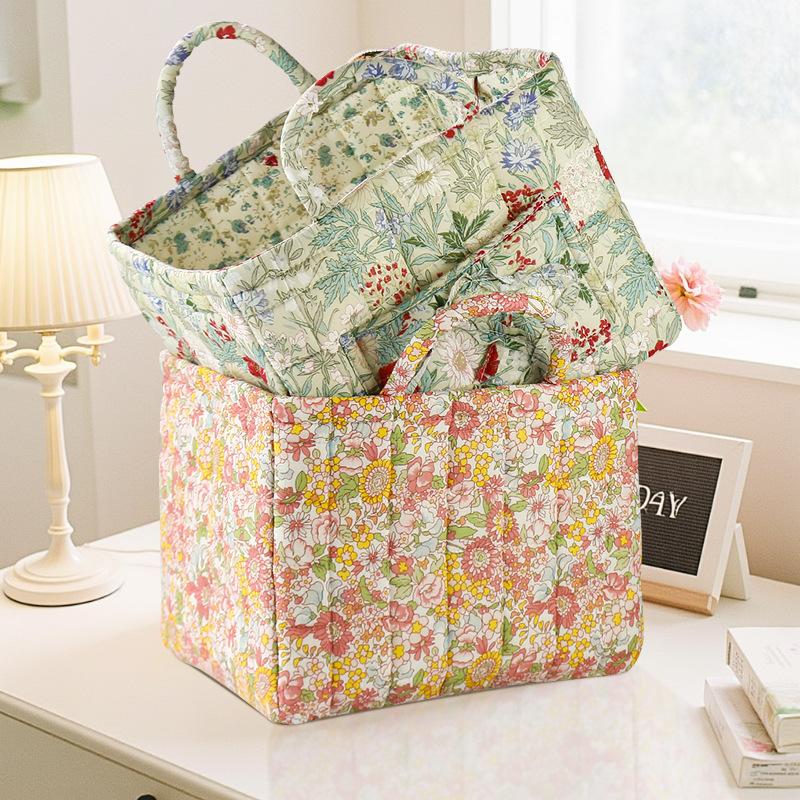 Floral Pattern Collapsible Storage Basket with Handle Home Organizer Bin for Living Room Bedroom Dorm Office Foldable Storage Box for Massager Headphones Toys Clothes 1 Pack
