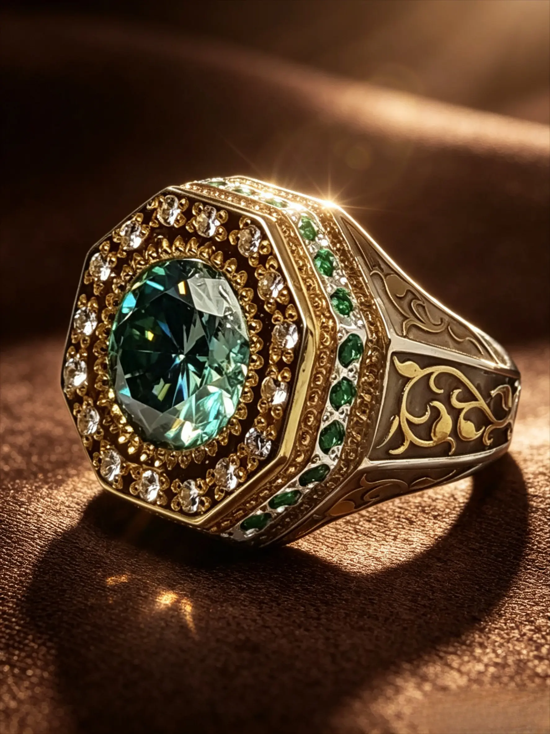 mens emerald halo signet ring, Elegant ring, unisex two tone wide band ring, oval teal green stone finger ring, cubic zirconia surround men jewelry, vintage engraved ring, gold silver statement ring, formal wedding band for him, luxury gift for husband