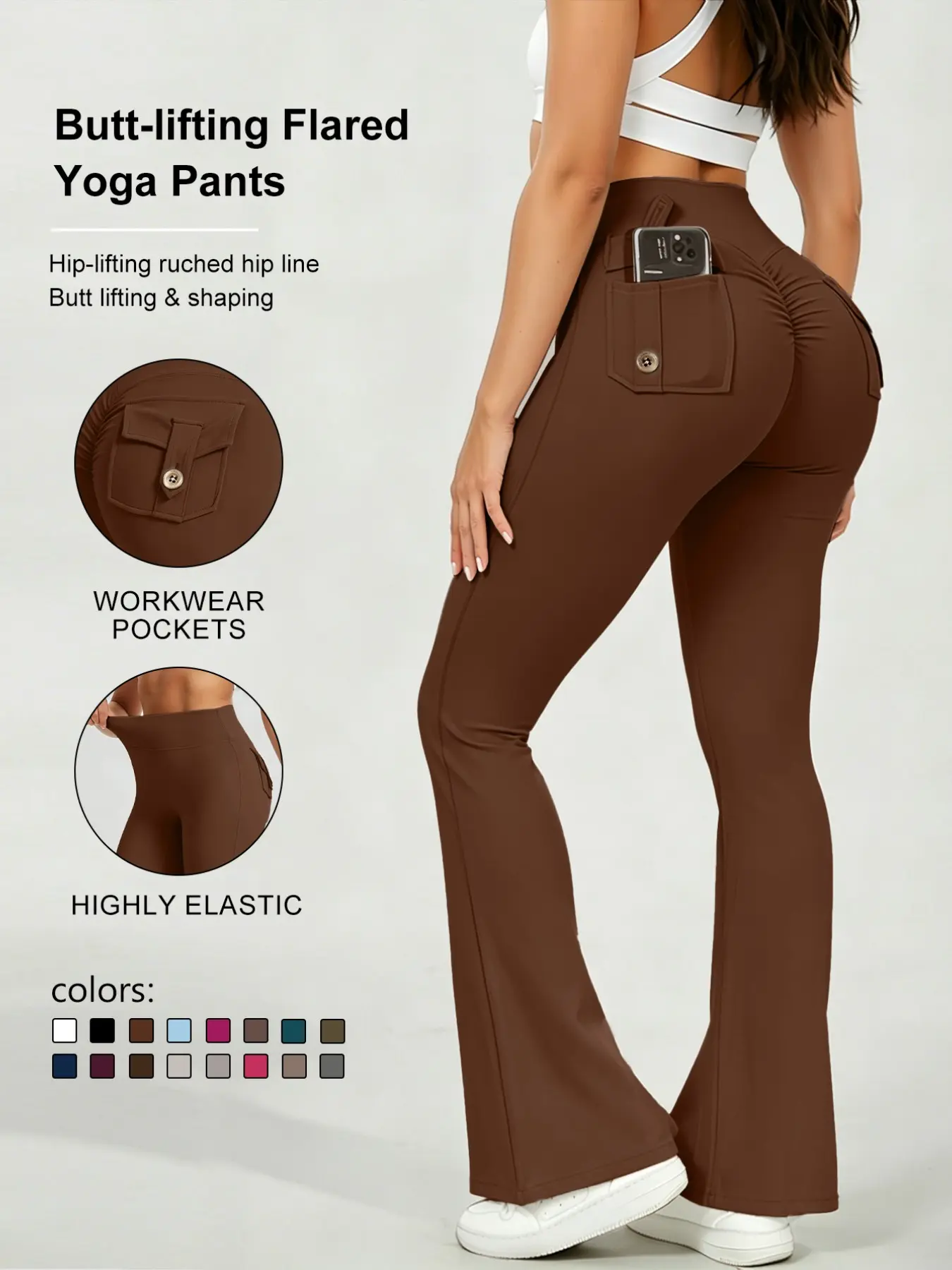 Women's Outdoor Pocket Bell Bottom Pants, Slim Fit Yoga Workout Pants, Casual Multifunctional Solid Color Skinny Work Pants, Butt Lifting Classic Sportswear