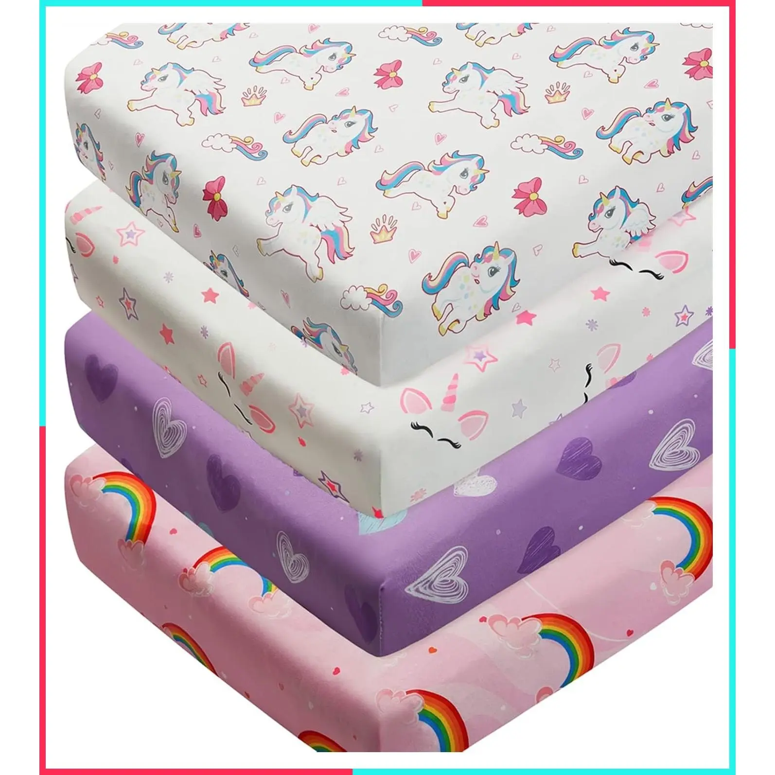 4 Pack Soft Baby Crib Sheets for Standard Crib Mattress Unicorn Rainbow Heart Cute Neutral Polyester Unisex Fitted Sheets Set