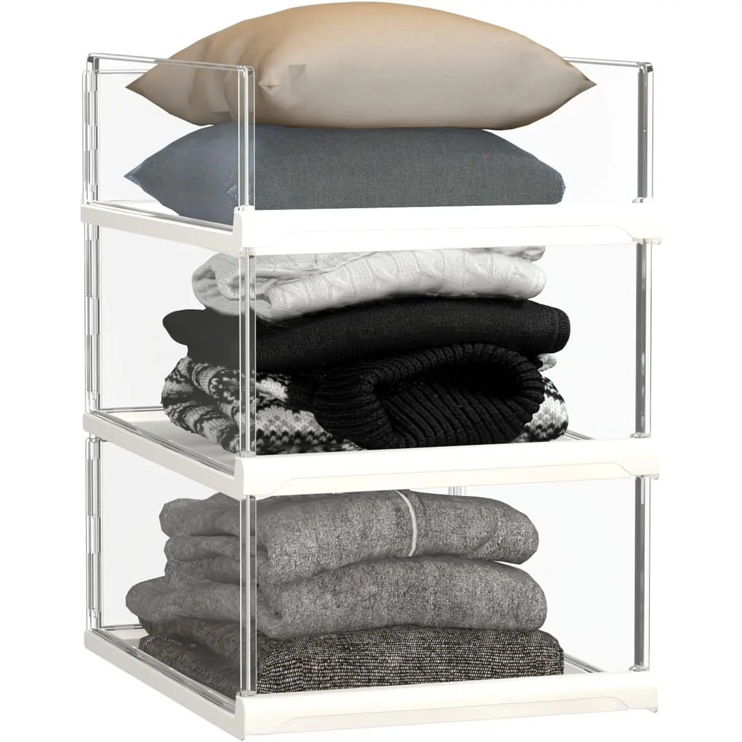 3 Pack Stackable Closet Organizers and Storage Shelves - Transparent Sweater Organizer for Closet, Bathroom, Kitchen, Cupboard, Laundry Room, and Office